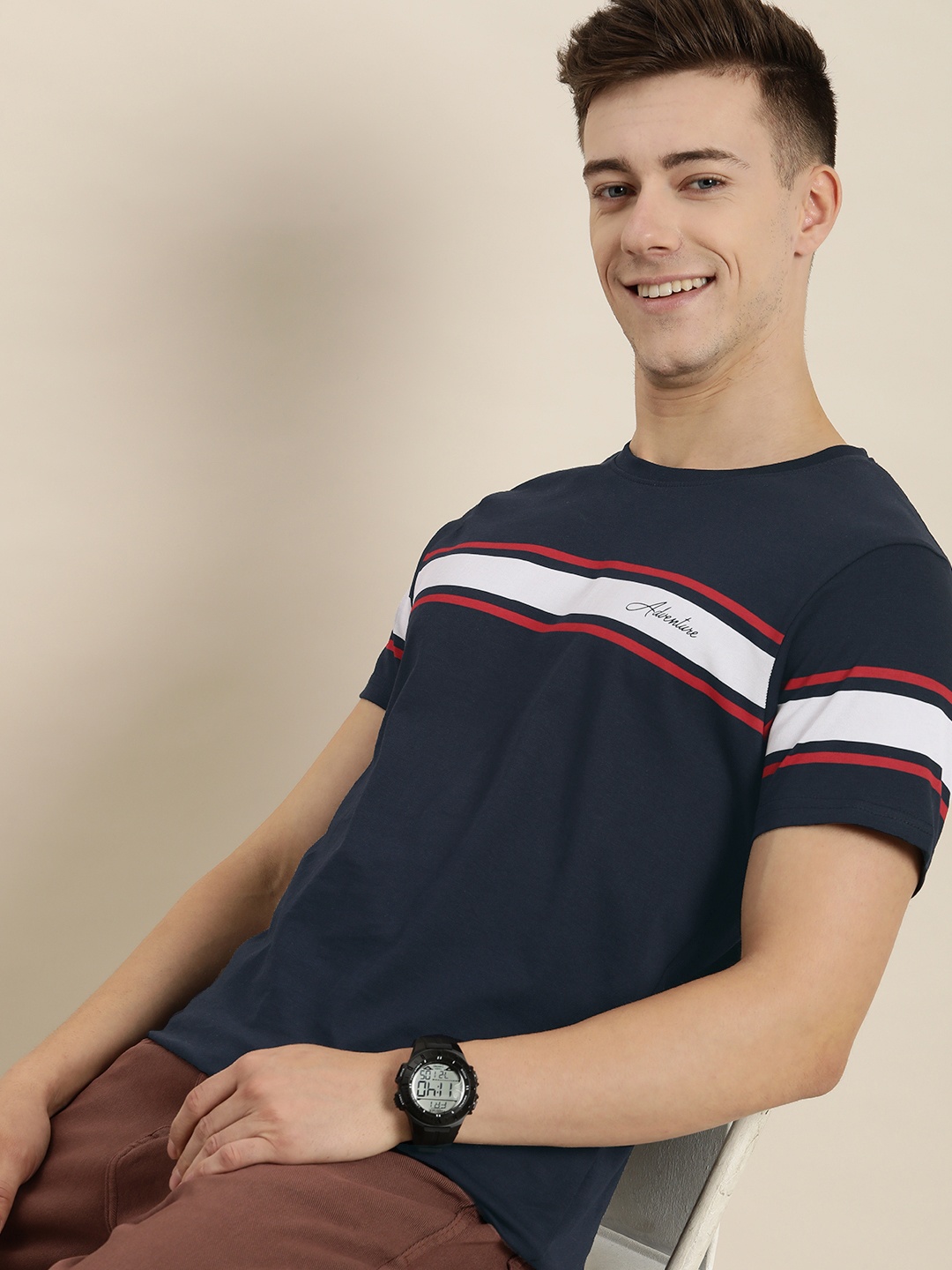 

HERE&NOW Striped And Printed Pure Cotton T-shirt, Navy blue