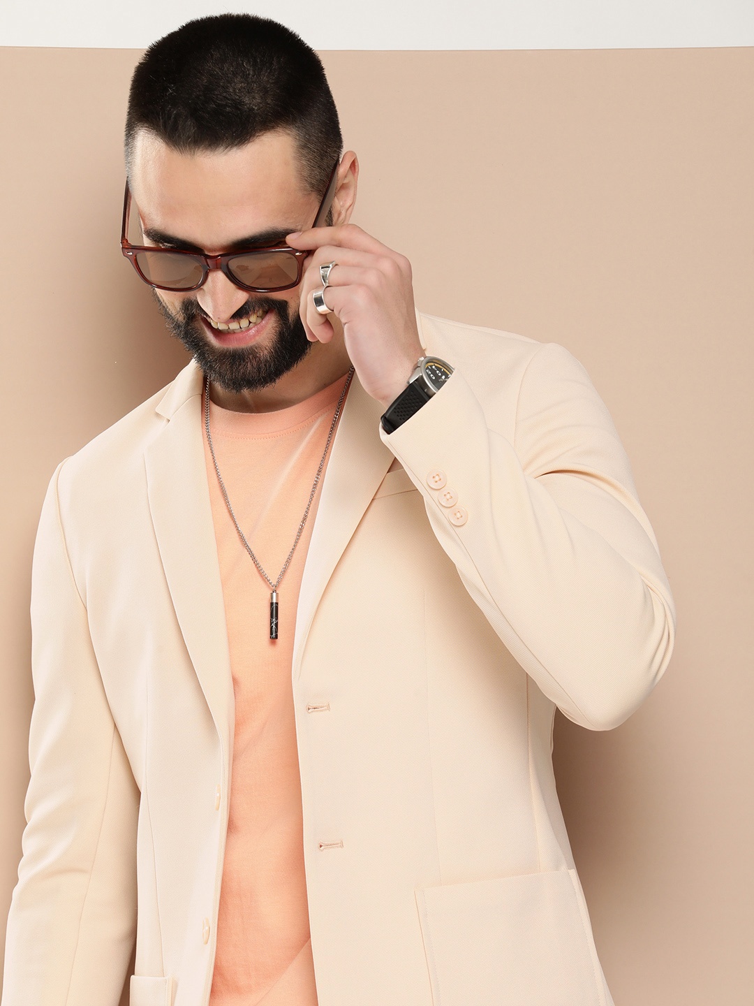 

HERE&NOW Self Design Regular Fit Single-Breasted Casual Blazer, Beige