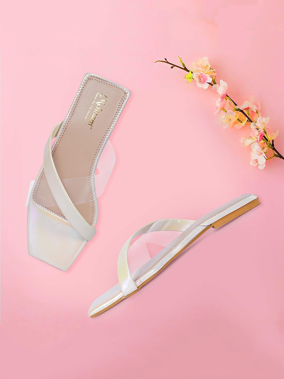 

MEHNAM Cross Strap Open Toe Flats, White