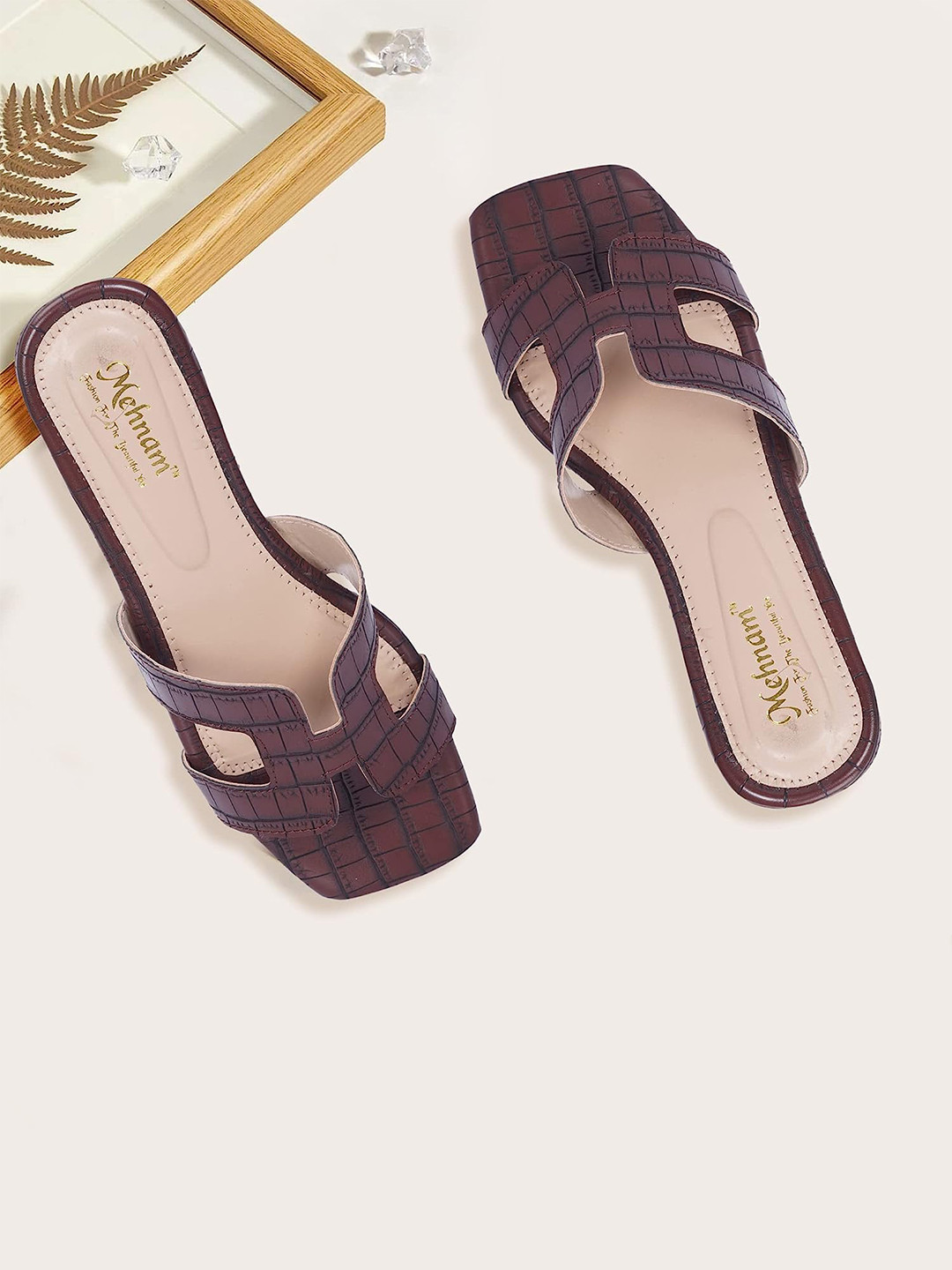 

MEHNAM Textured Open Toe Flats, Brown