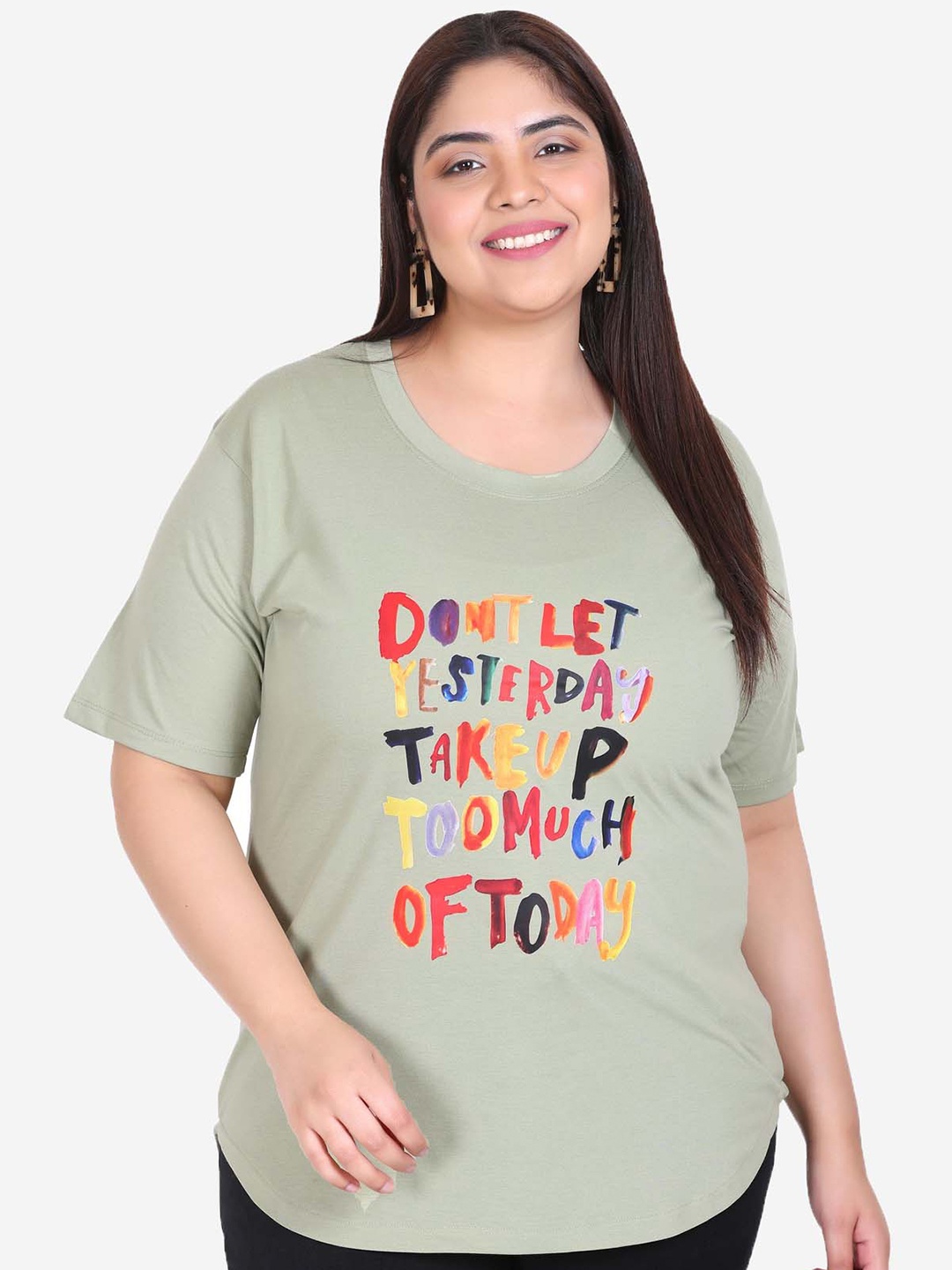 

IN Love Typography Printed Round Neck Plus Size Cotton T-shirt, Green