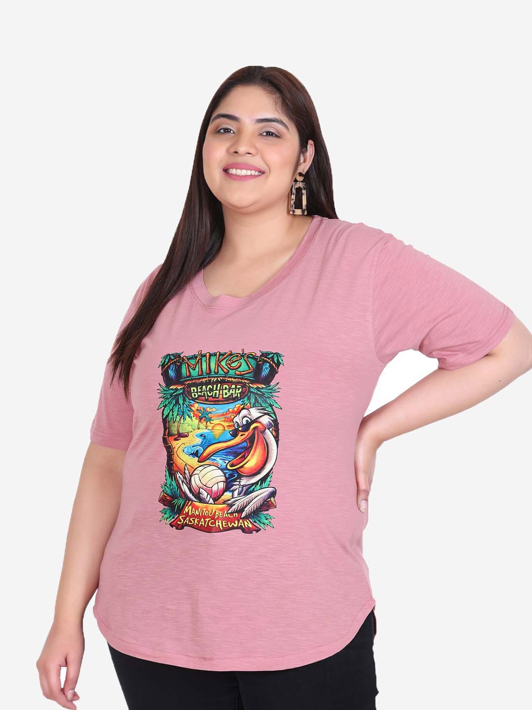 

IN Love Graphic Printed Round-Neck Cotton Plus Size T-shirt, Pink