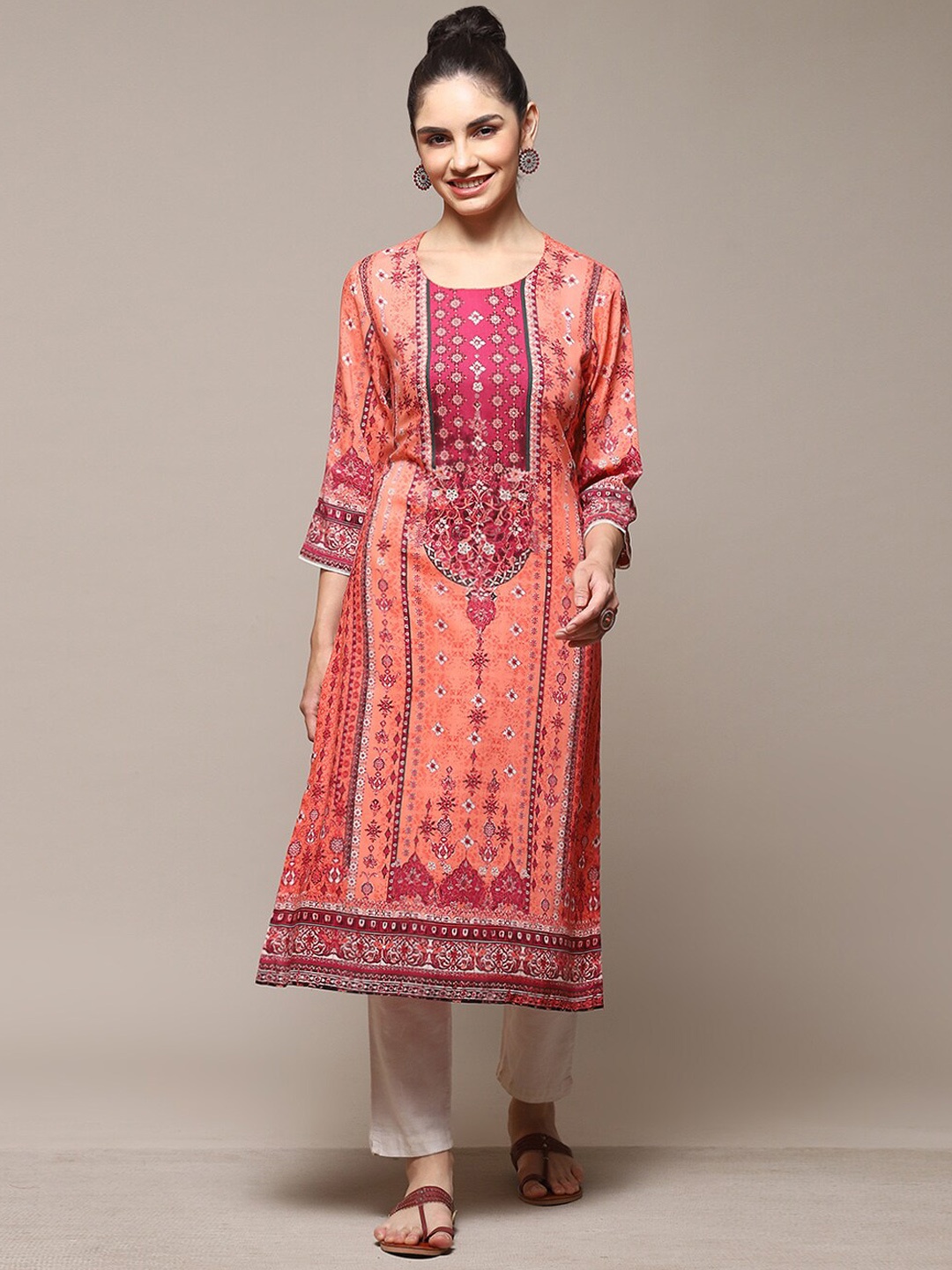 

Biba Ethnic Motifs Printed Straight Kurta, Coral