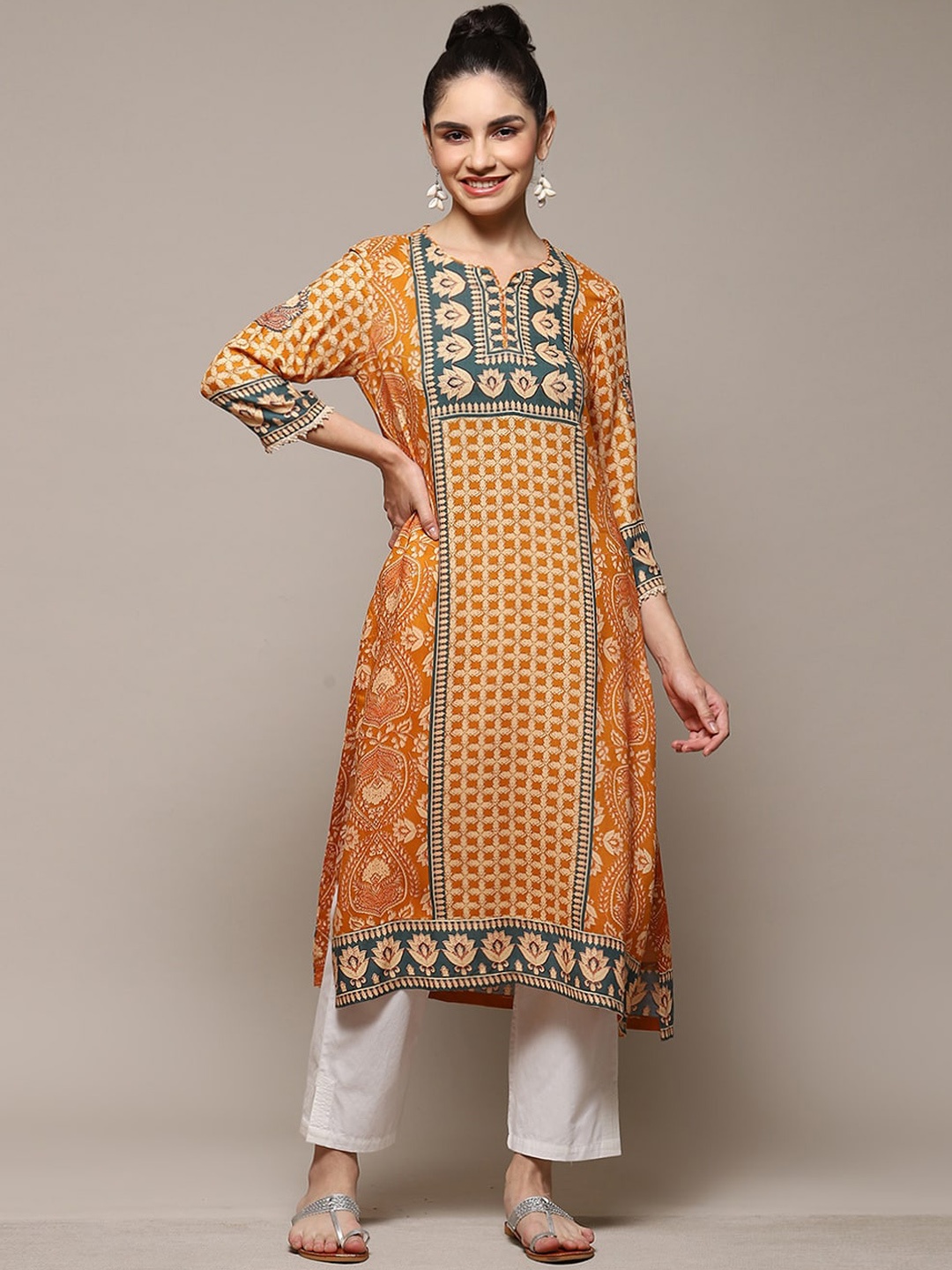 Biba Ethnic Motifs Printed Straight Kurta, Yellow