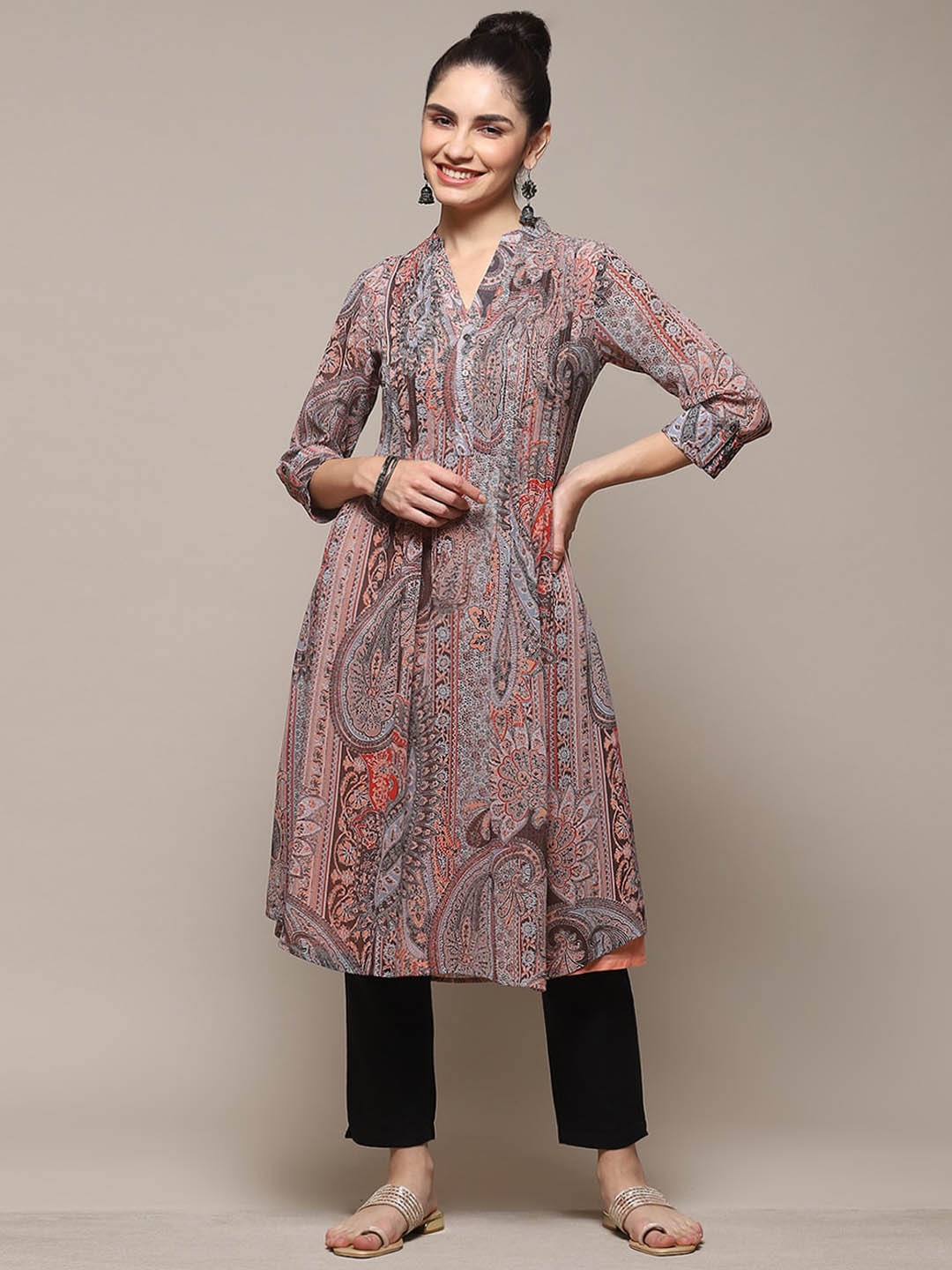 

Biba Ethnic Motifs Printed Mandarin Collar A-Line Kurta, Peach