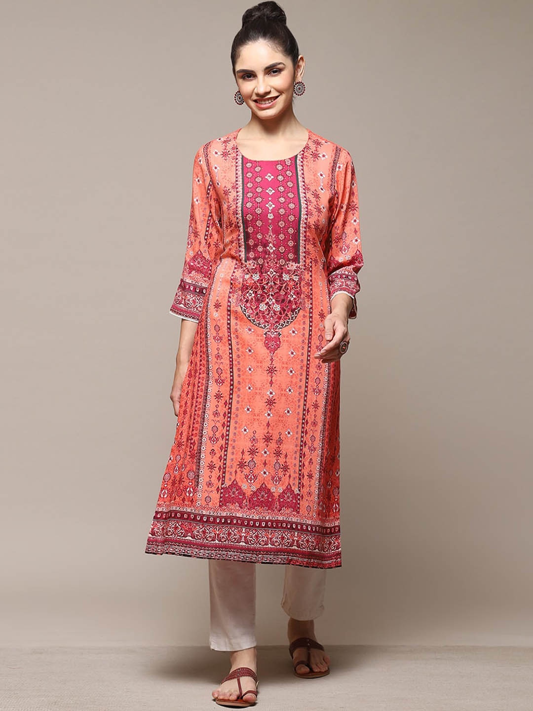 

Biba Ethnic Motifs Printed Straight Kurta, Coral