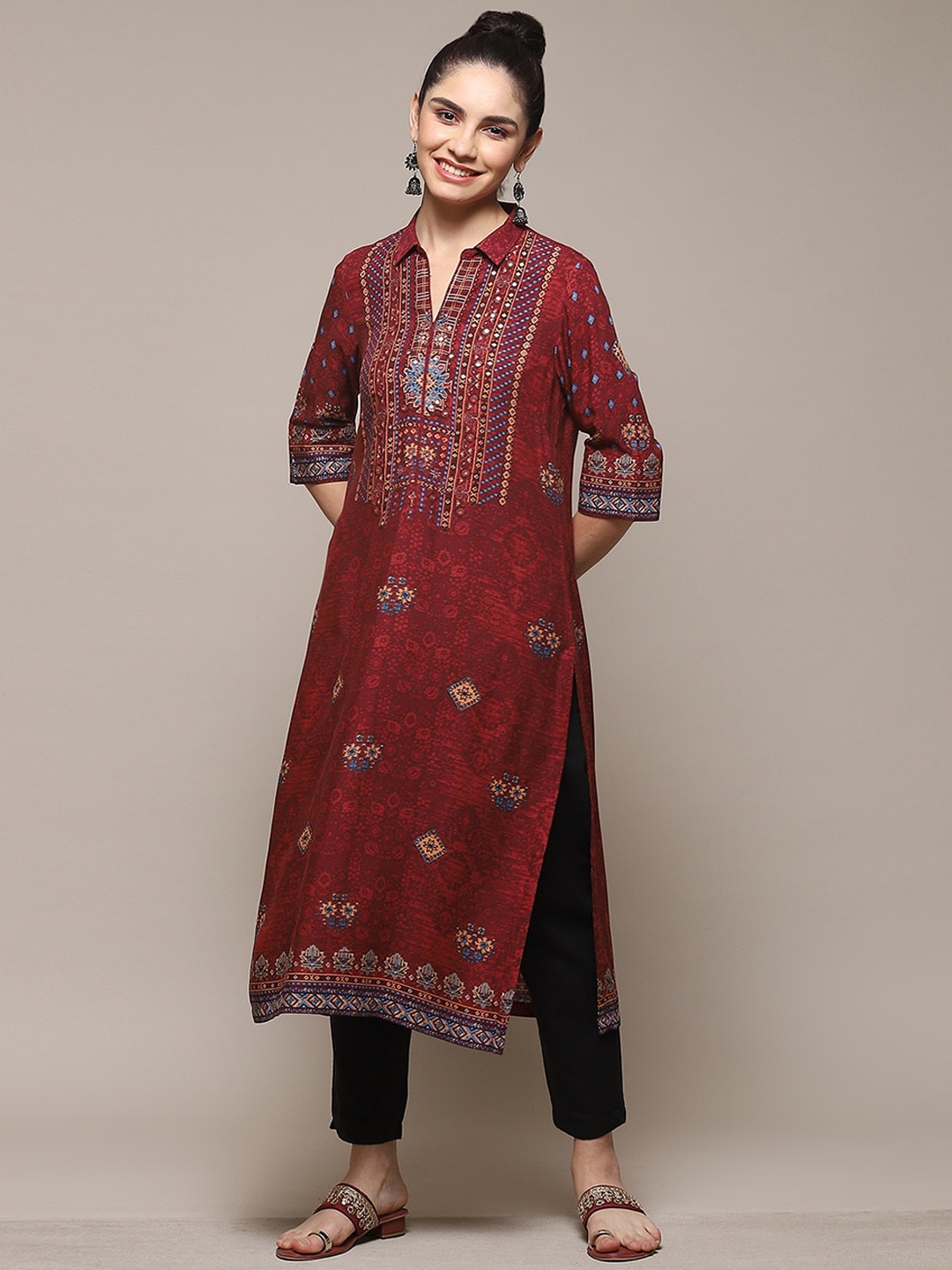 

Biba Ethnic Motifs Printed Mirror Work Kurta, Brown