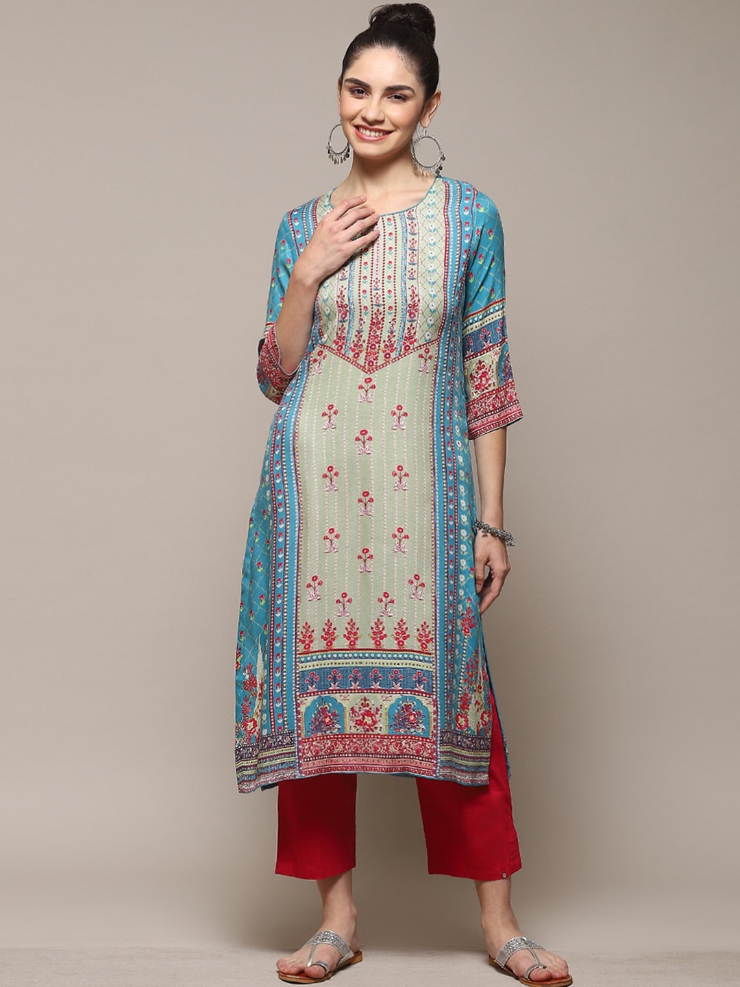 

Biba Ethnic Motifs Printed Straight Kurta, Teal