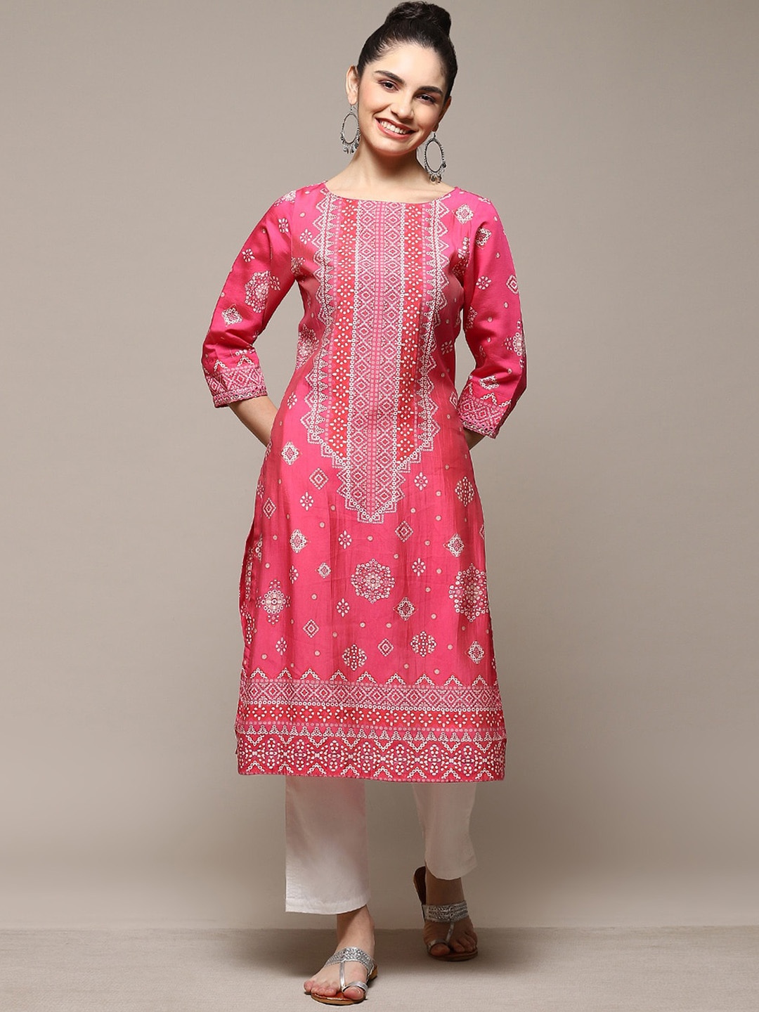 

Biba Ethnic Motifs Printed Sequinned Kurta, Fuchsia