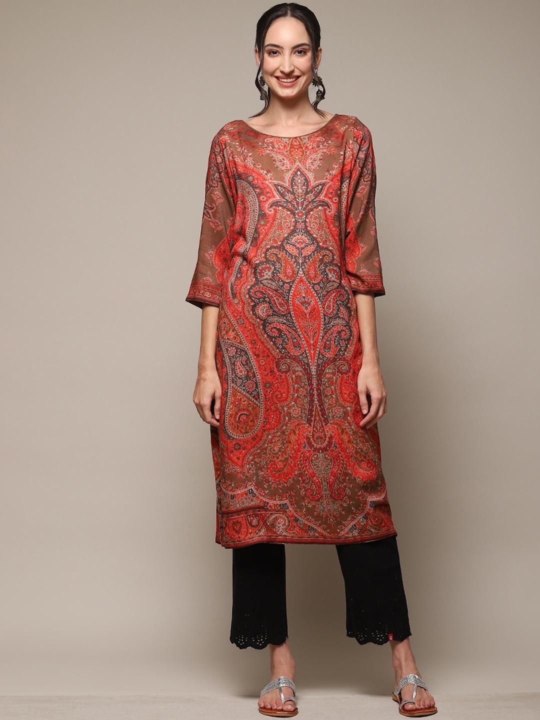 

Biba Ethnic Motifs Printed Sequinned Kurta, Beige
