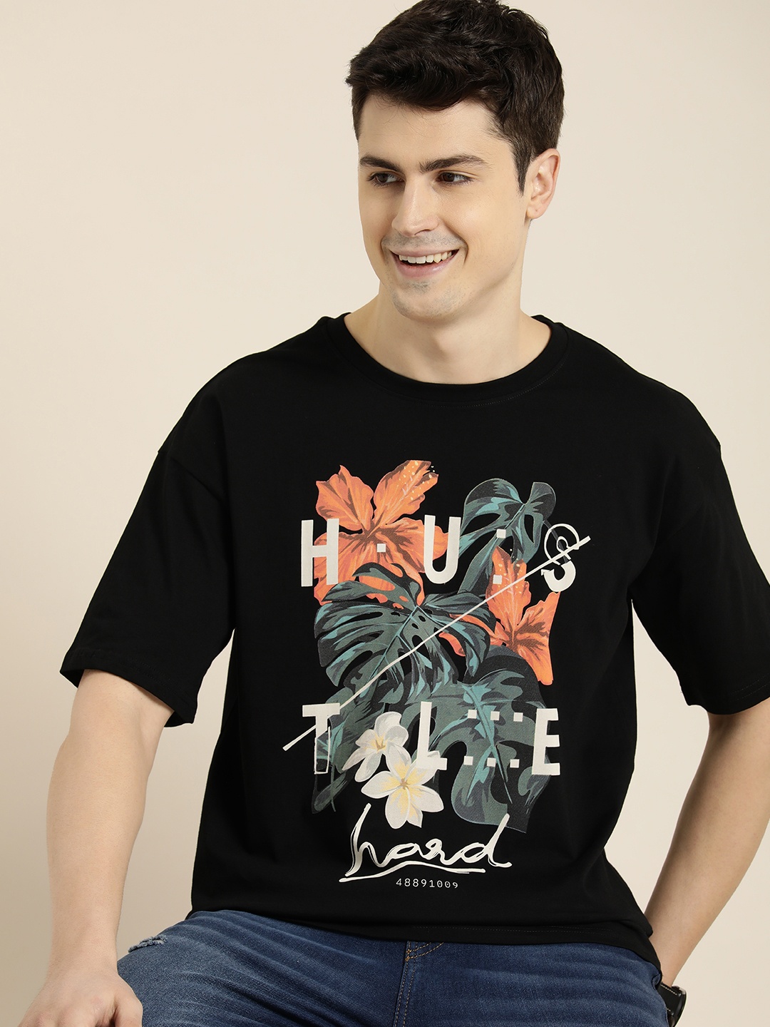 

HERE&NOW Men Graphic Printed Drop-Shoulder Sleeves Boxy Pure Cotton T-shirt, Black