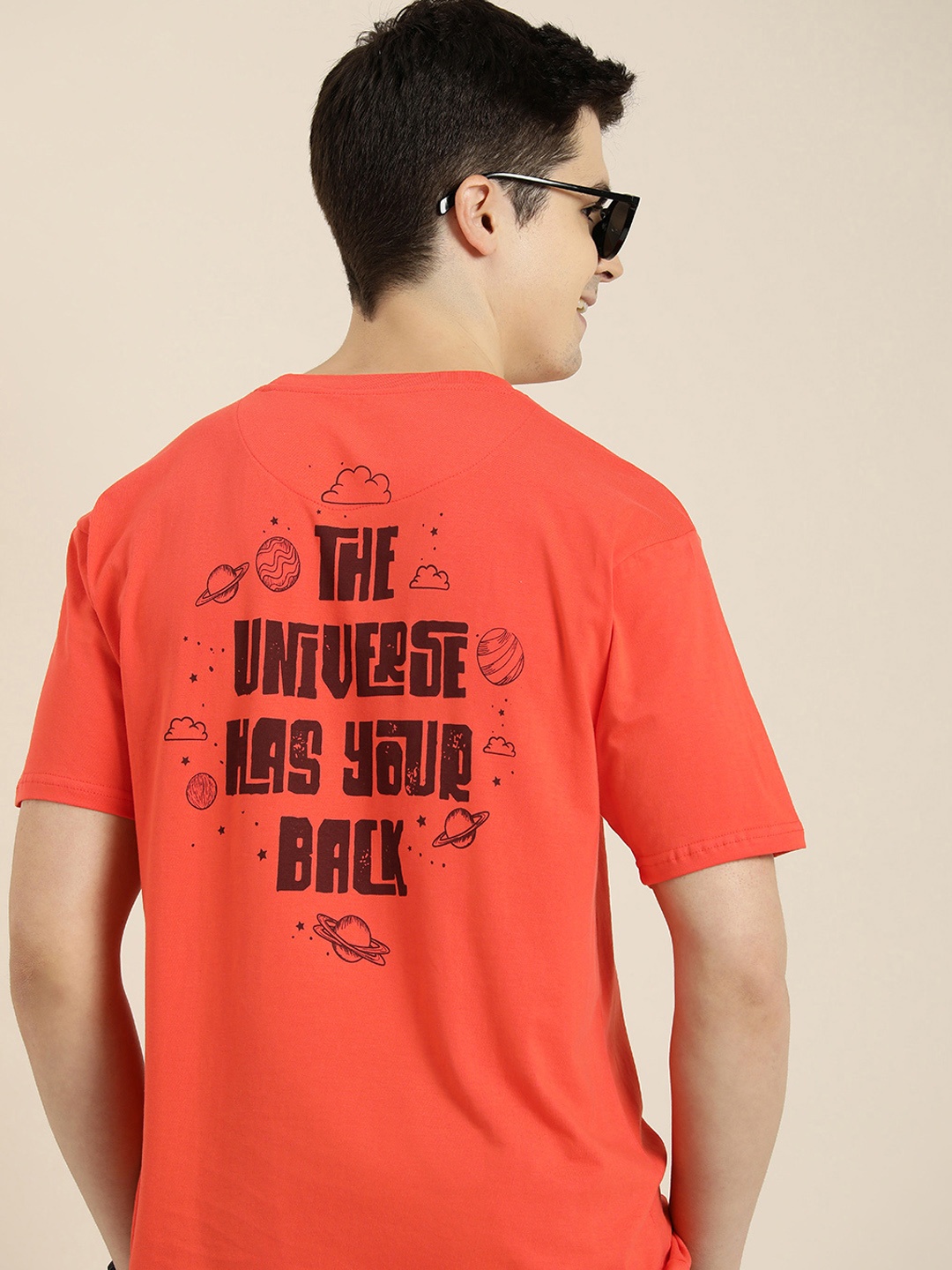 

HERE&NOW Typography Printed Drop-Shoulder Sleeves Pure Cotton T-shirt, Coral