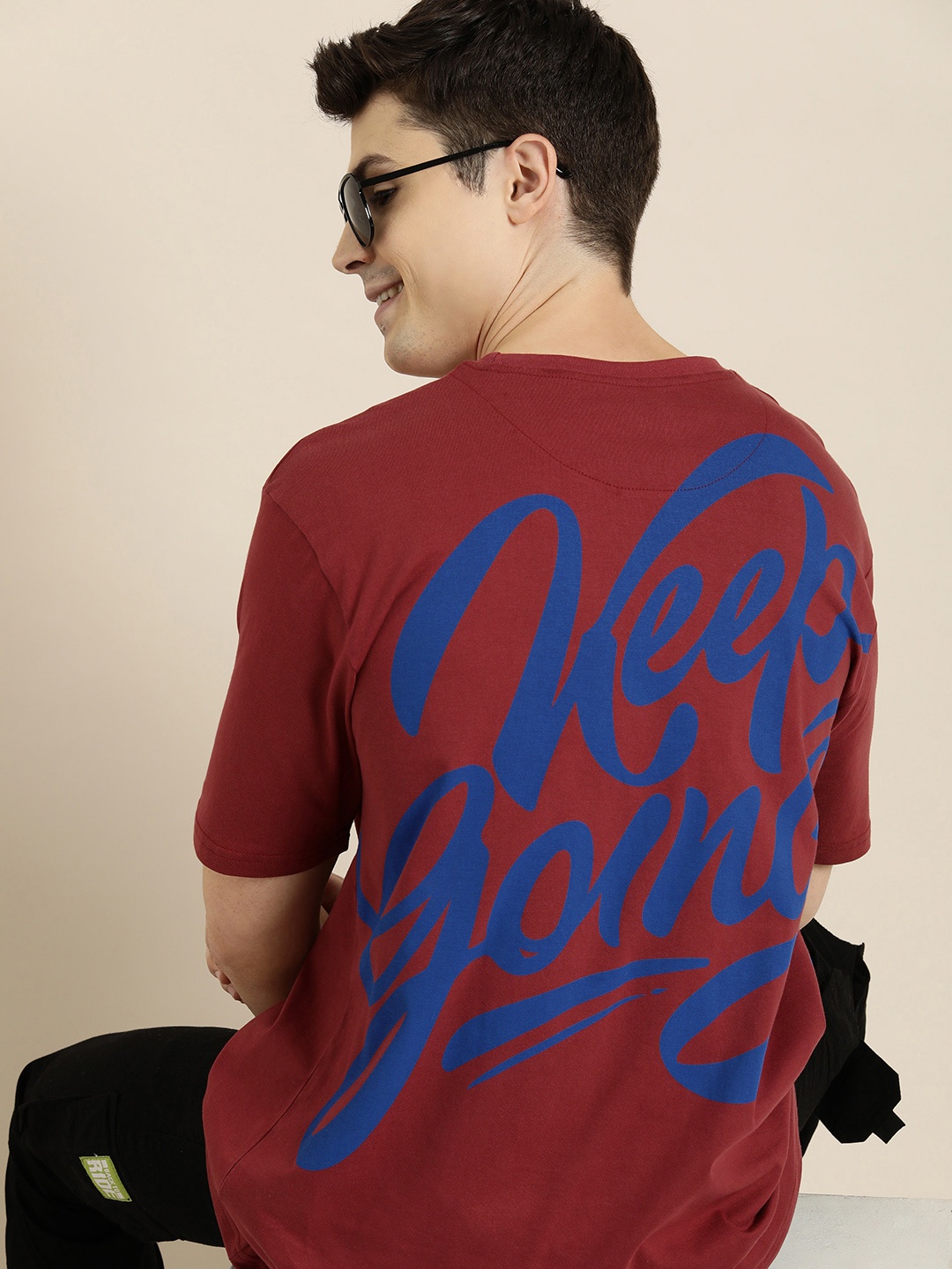 

HERE&NOW Typography Printed Drop-Shoulder Sleeves Pure Cotton T-shirt, Brown