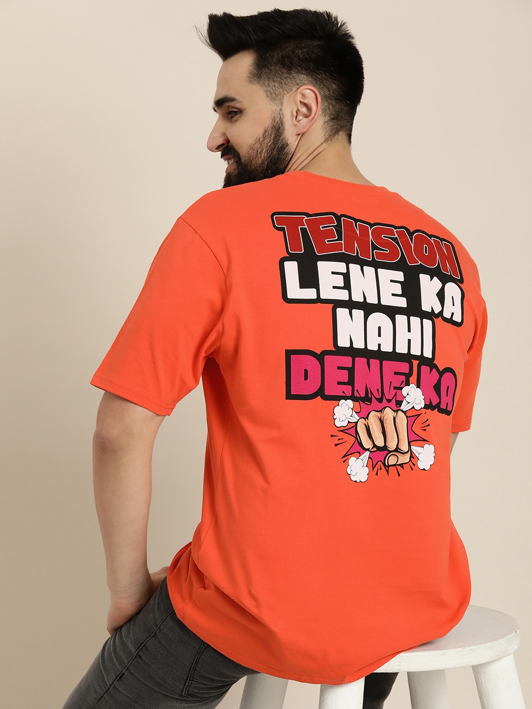 

HERE&NOW Typography Printed Drop-Shoulder Sleeves Pure Cotton T-shirt, Orange
