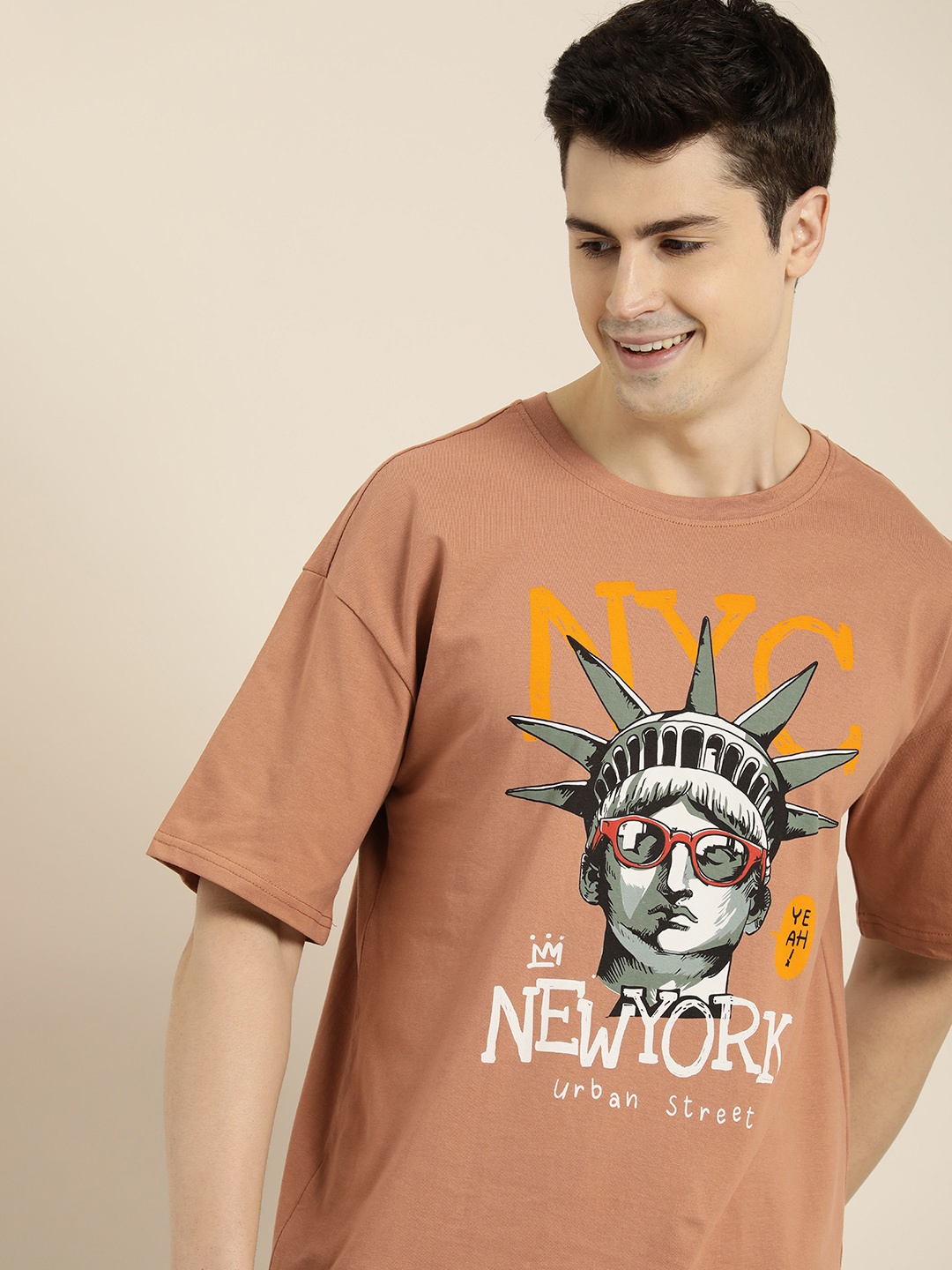 

HERE&NOW Printed Drop-Shoulder Sleeves Pure Cotton Boxy T-shirt, Brown