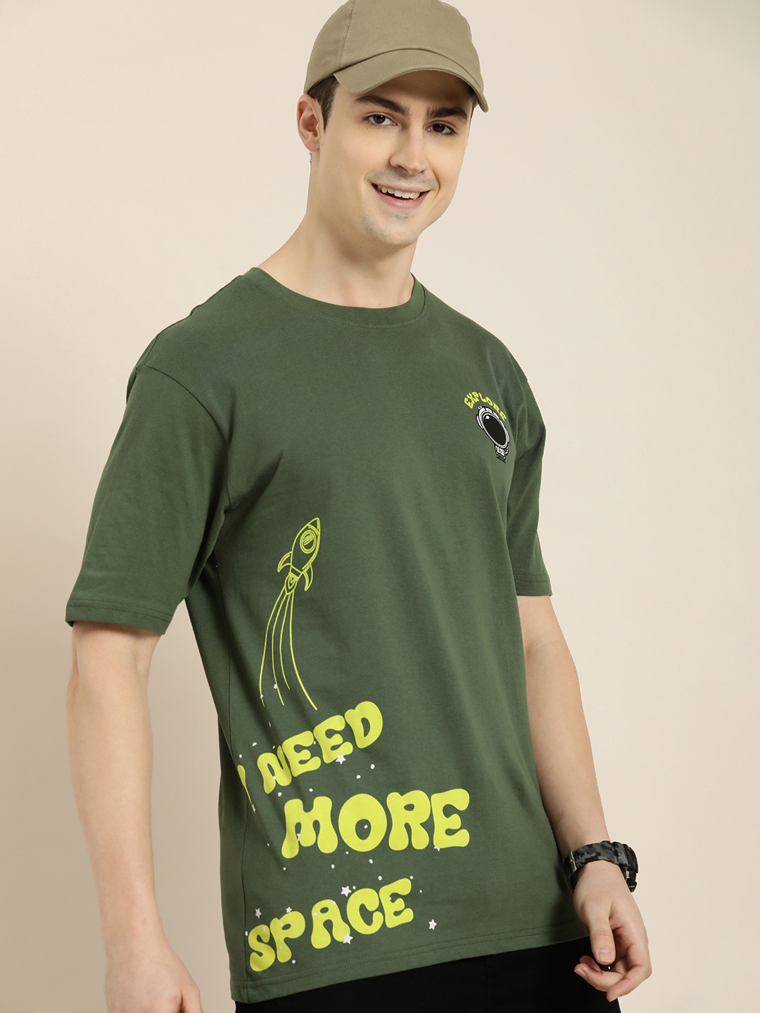 

HERE&NOW Typography Printed Drop-Shoulder Sleeves Pure Cotton T-shirt, Green