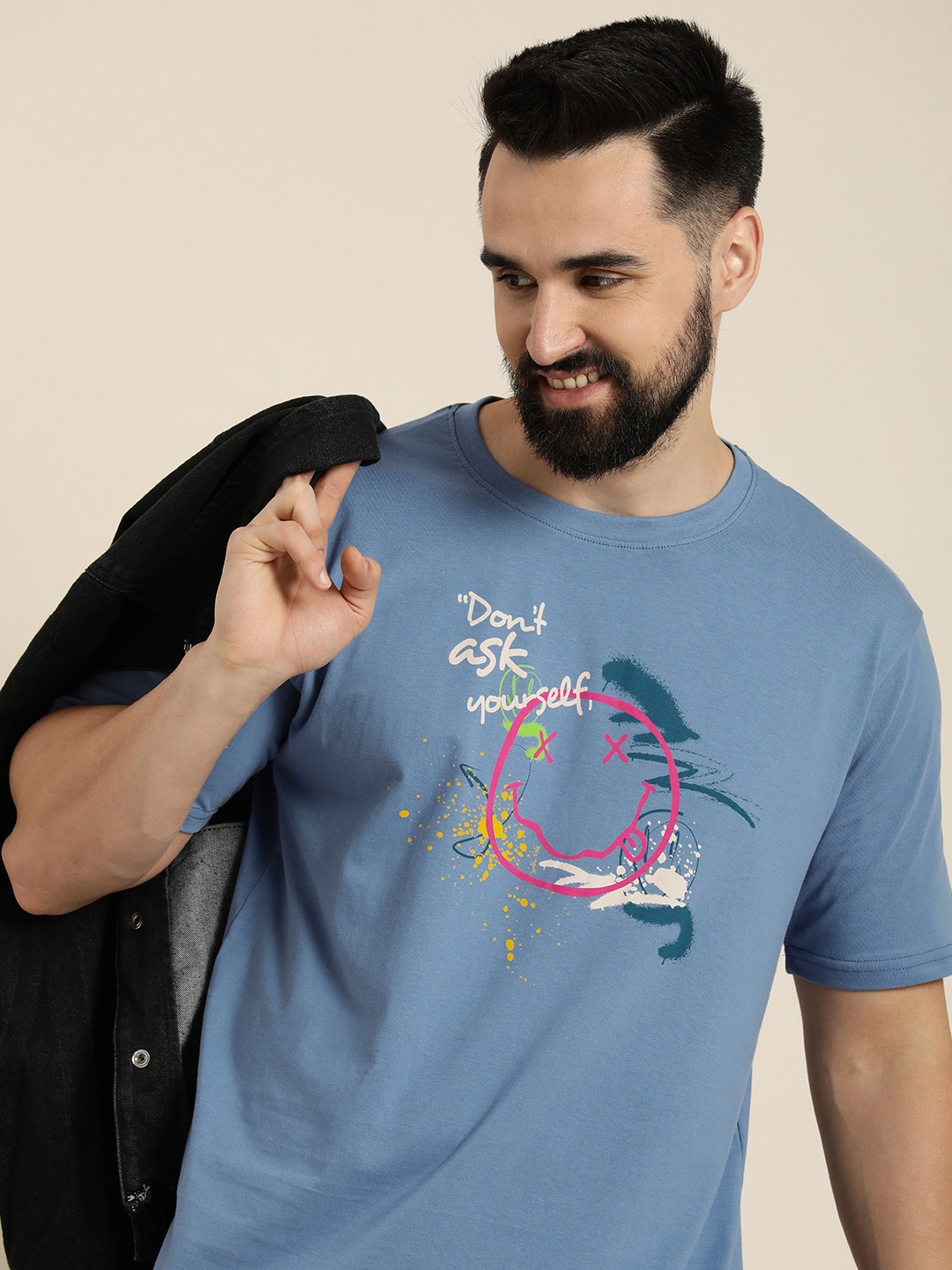 

HERE&NOW Printed Drop-Shoulder Sleeves Pure Cotton T-shirt, Blue