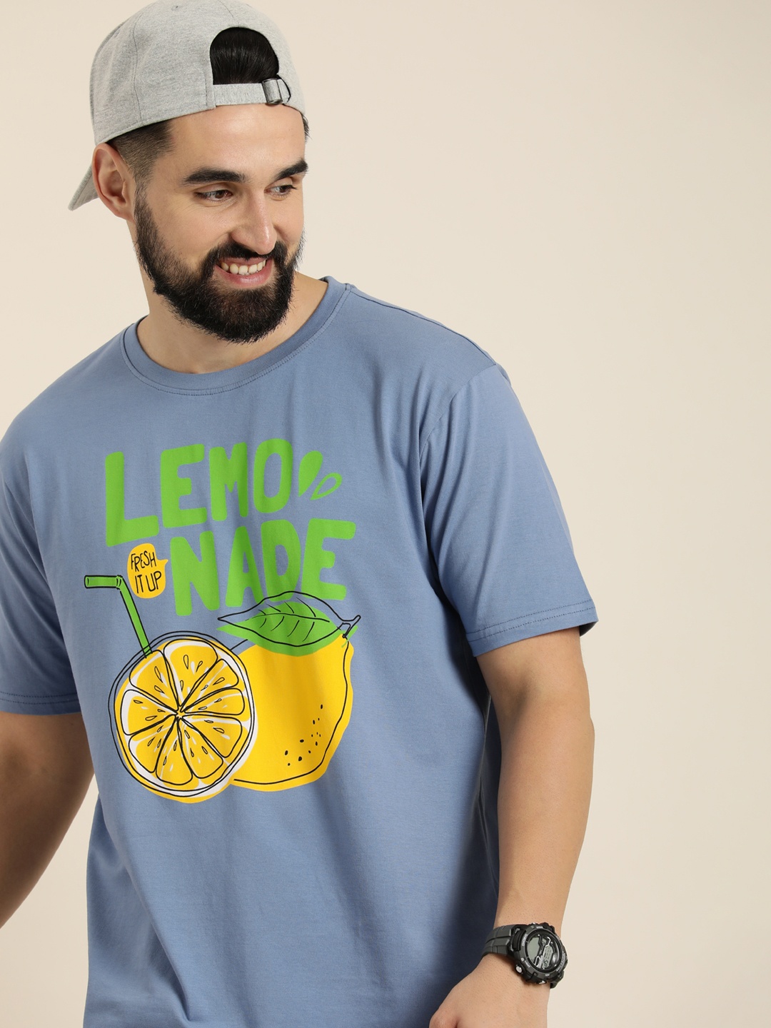 

HERE&NOW Men Graphic Printed Pure Cotton T-shirt, Blue