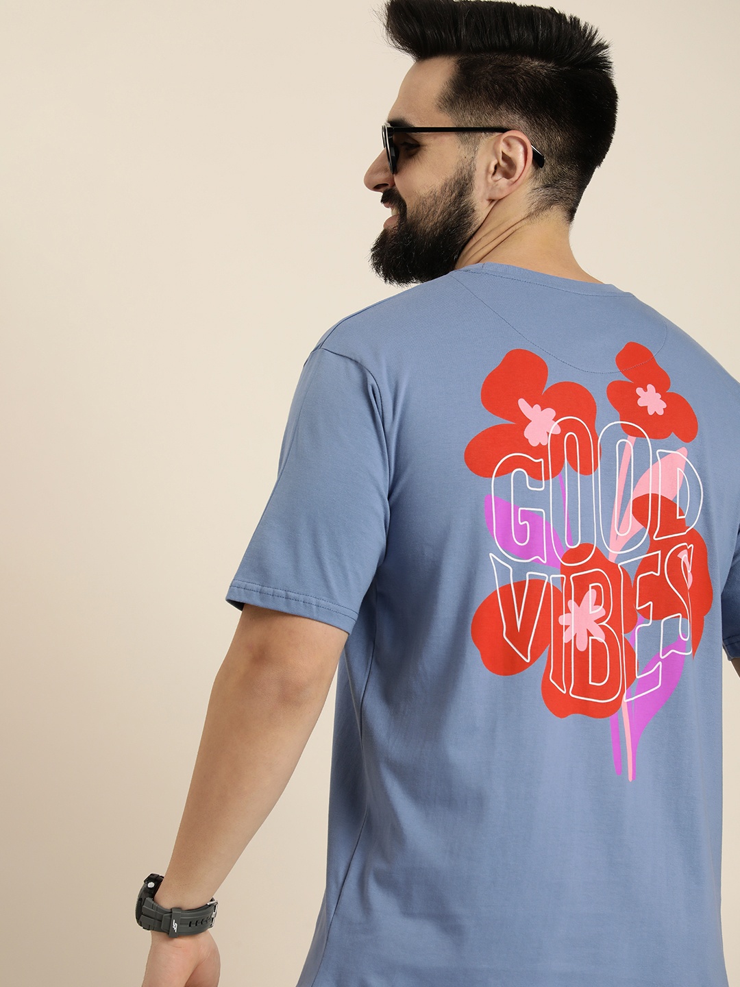 

HERE&NOW Printed Drop-Shoulder Sleeves Pure Cotton T-shirt, Blue