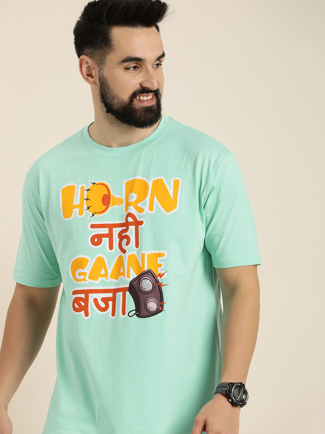 

HERE&NOW Typography Printed Drop-Shoulder Sleeves Pure Cotton T-shirt, Green