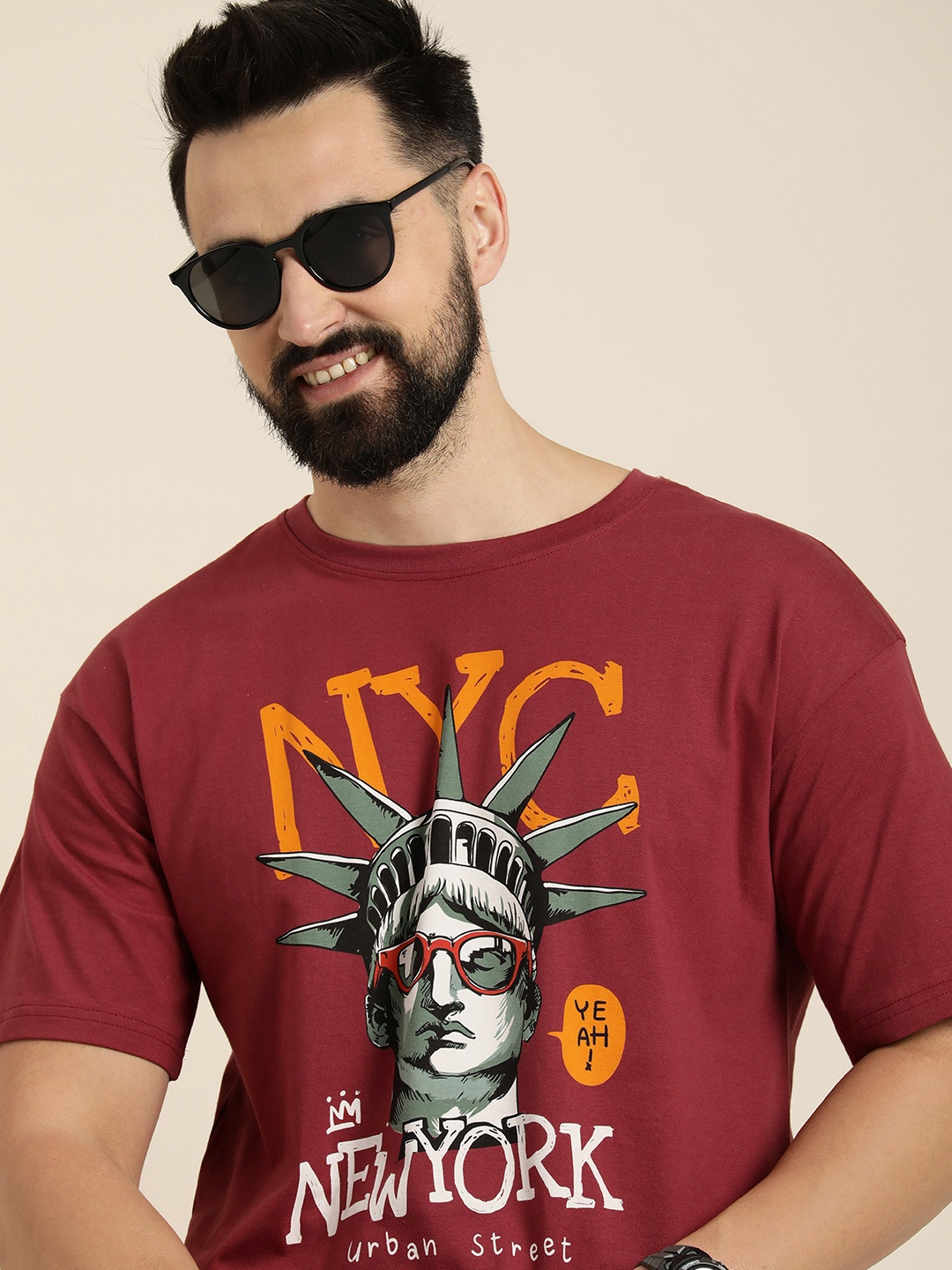 

HERE&NOW Printed Drop-Shoulder Sleeves Pure Cotton Boxy T-shirt, Maroon