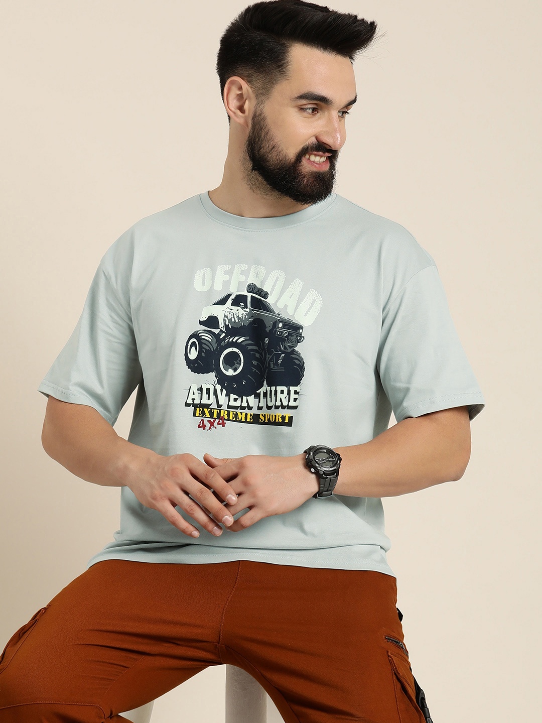 

HERE&NOW Printed Drop-Shoulder Sleeves Pure Cotton Boxy T-shirt, Grey