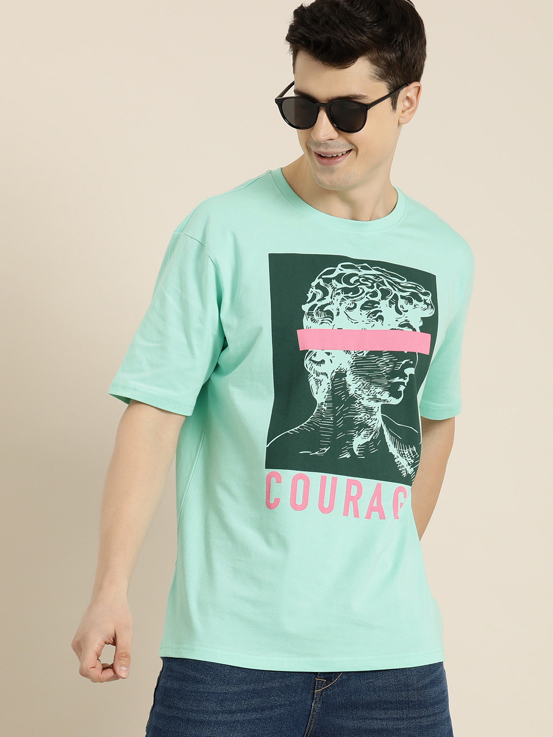 

HERE&NOW Men Graphic Printed Pure Cotton T-shirt, Sea green