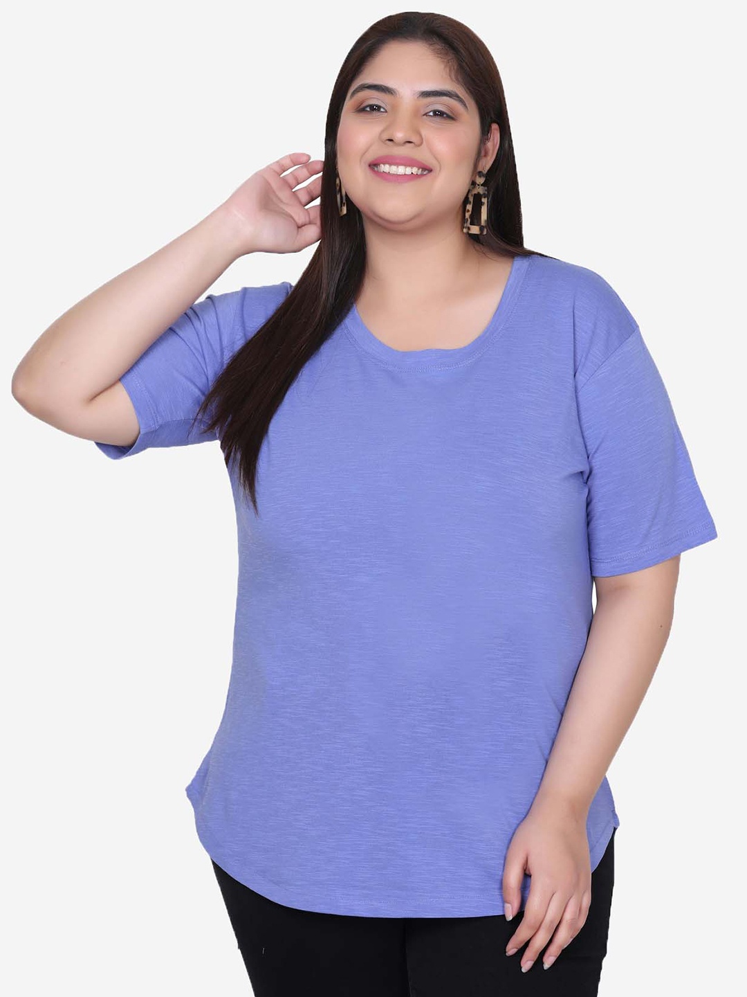 

IN Love Plus Size Round Neck Drop-Shoulder Cotton T-shirt, Blue
