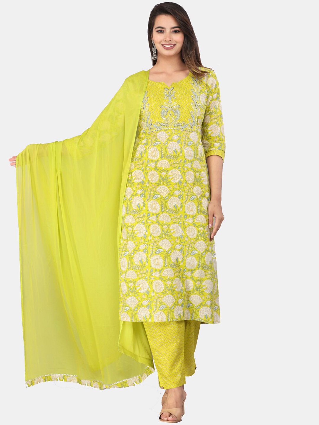 

KALINI Floral Printed Pure Cotton Straight Kurta &Trousers With Dupatta, Lime green