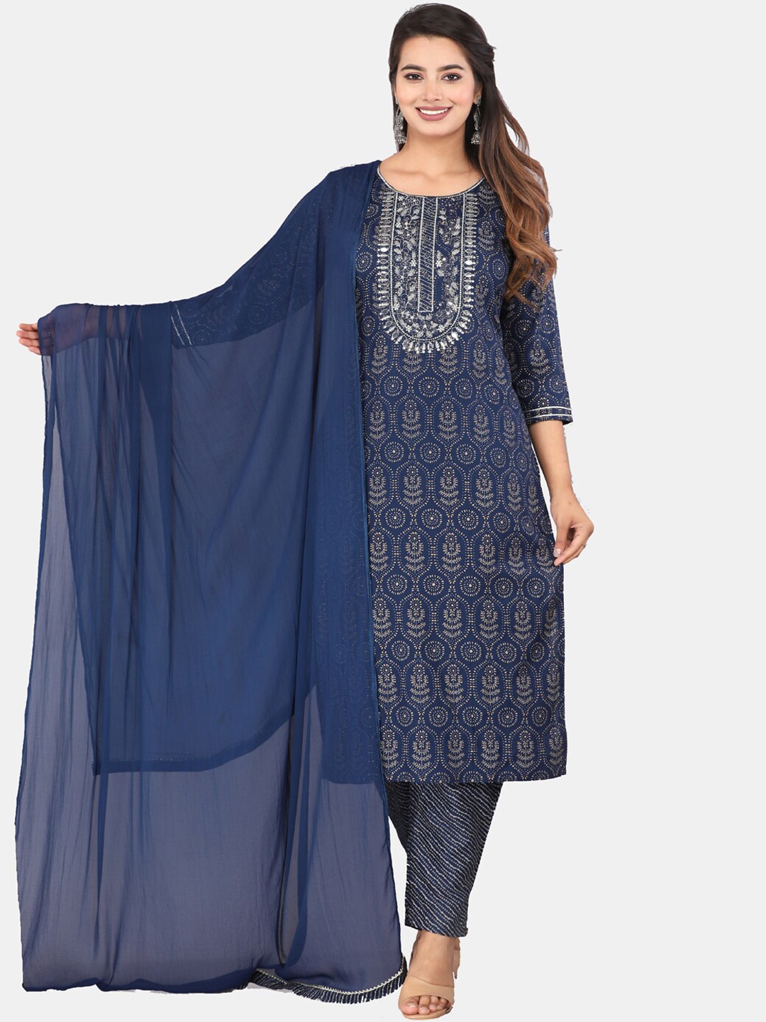 

KALINI Ethnic Motifs Printed Regular Mirror Work Kurta With Trousers & Dupatta, Navy blue