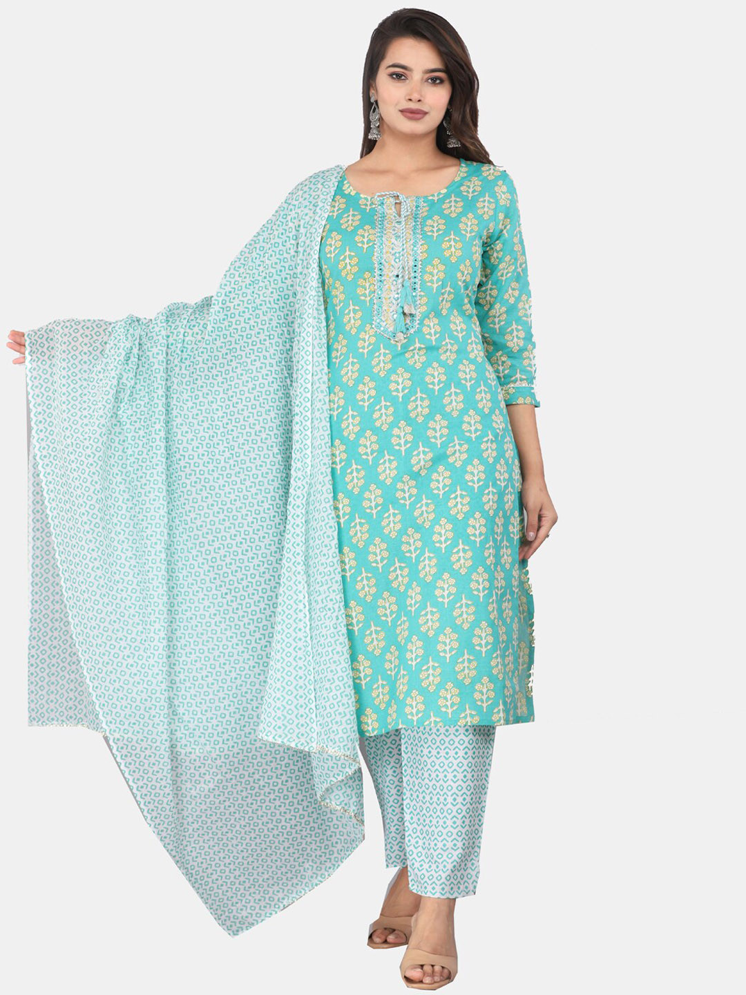 

KALINI Floral Printed Regular Mirror Work Pure Cotton Kurta With Trousers & Dupatta, Green