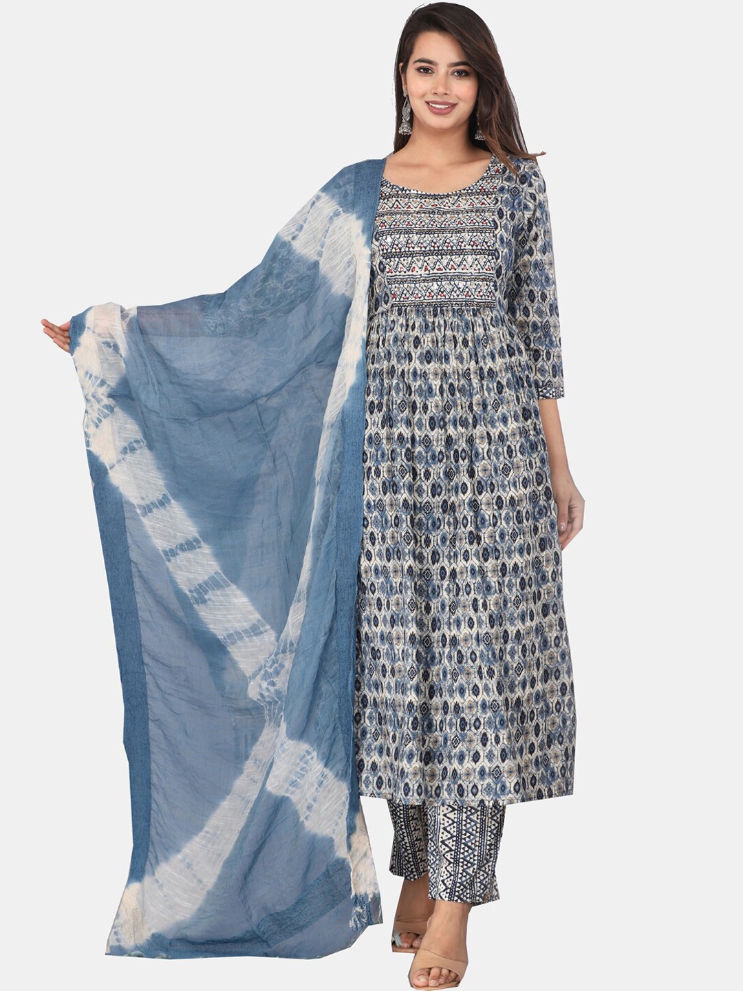 

KALINI Geometric Printed Empire Mirror Work Kurta With Trousers & Dupatta, Blue