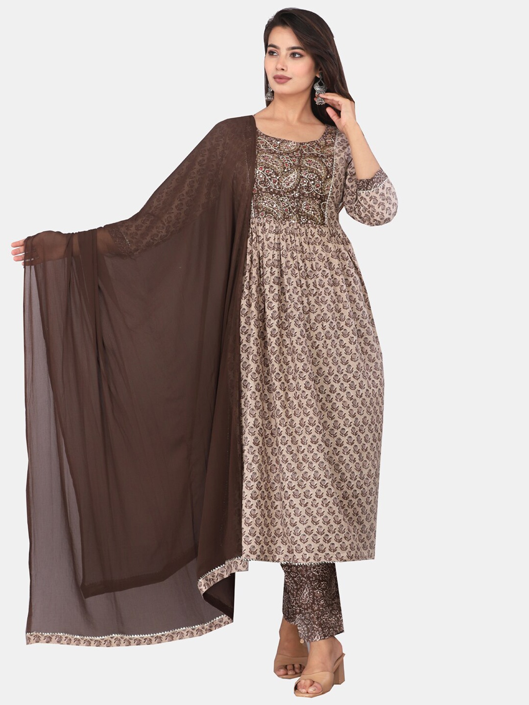 

KALINI Floral Printed Empire Gotta Patti Pure Cotton Kurta With Trousers & Dupatta, Brown