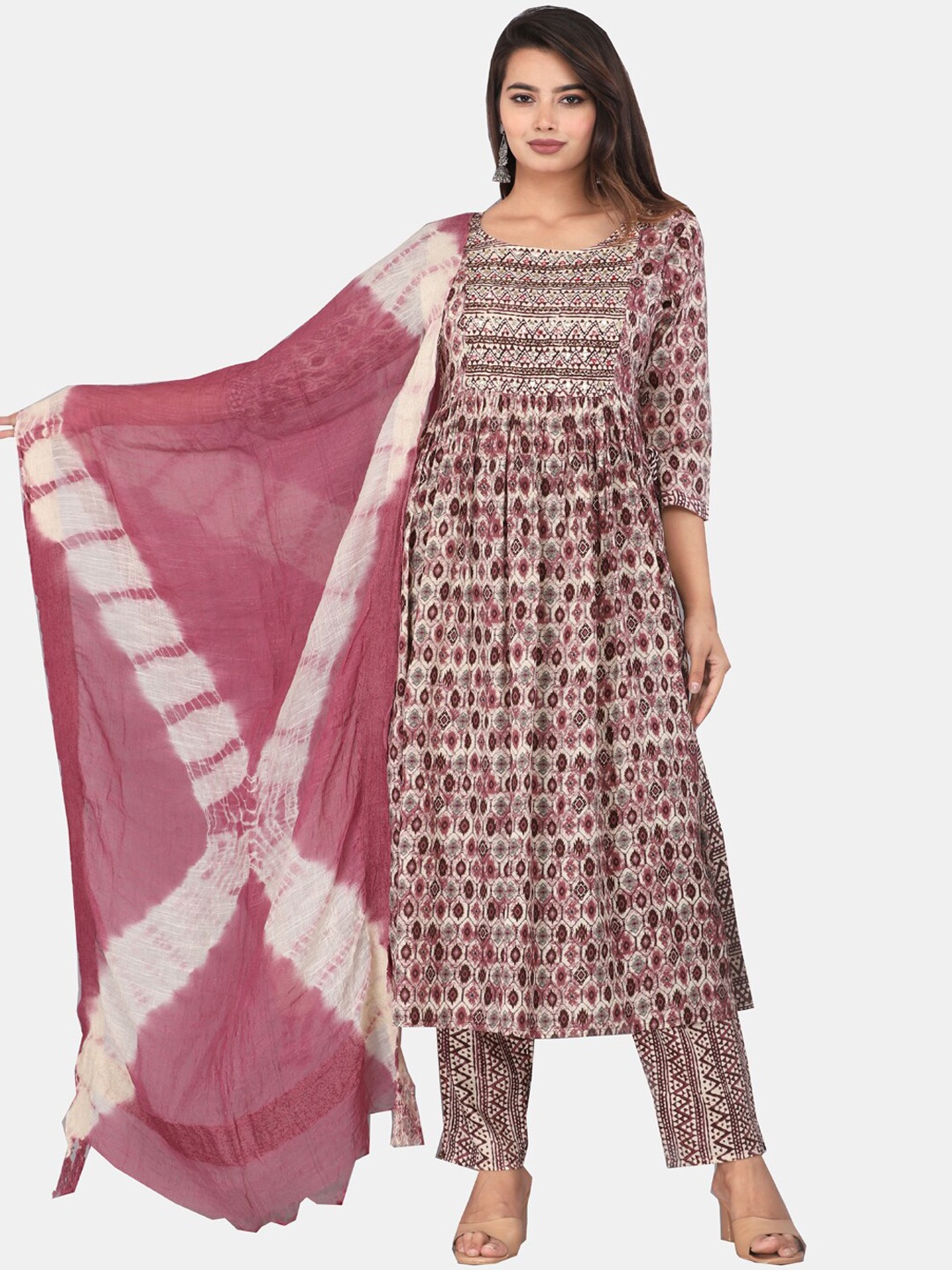 

KALINI Geometric Printed Empire Mirror Work Kurta With Trousers & Dupatta, Maroon