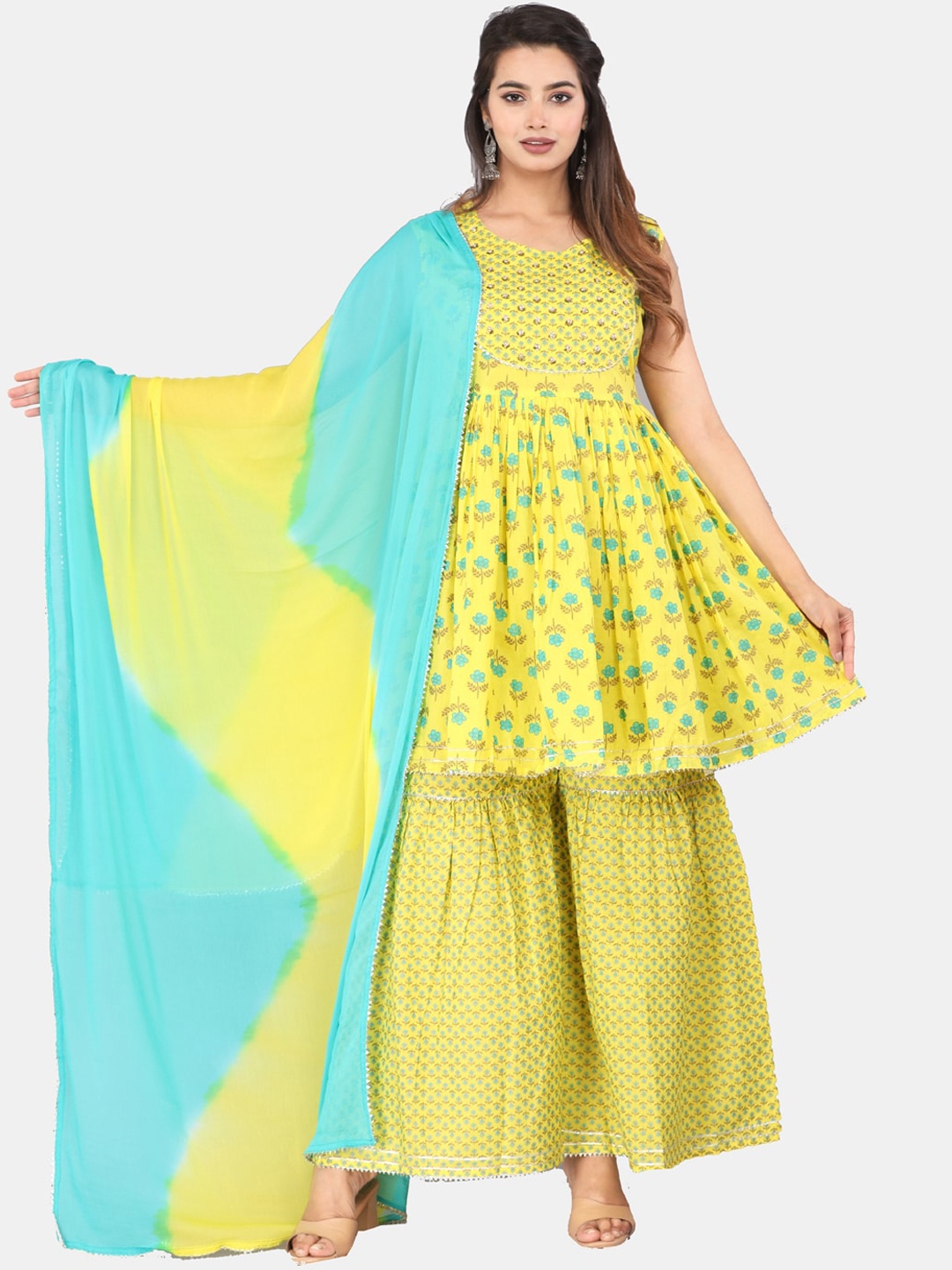 

KALINI Floral Printed Gotta Patti Pure Cotton Kurta & Sharara With Dupatta, Yellow
