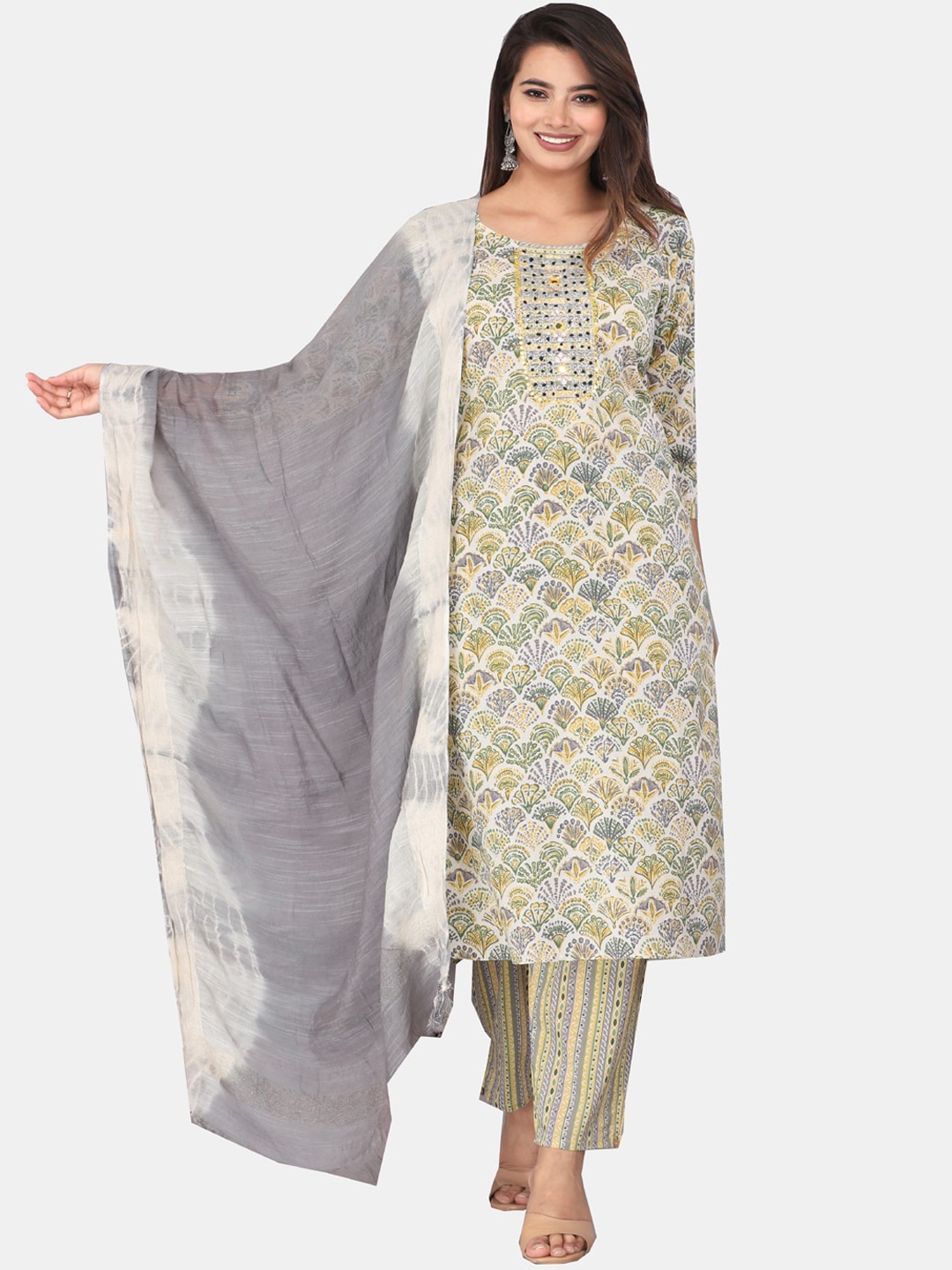 

KALINI Ethnic Motifs Printed Pure Cotton Straight Kurta & Trousers With Dupatta, Beige