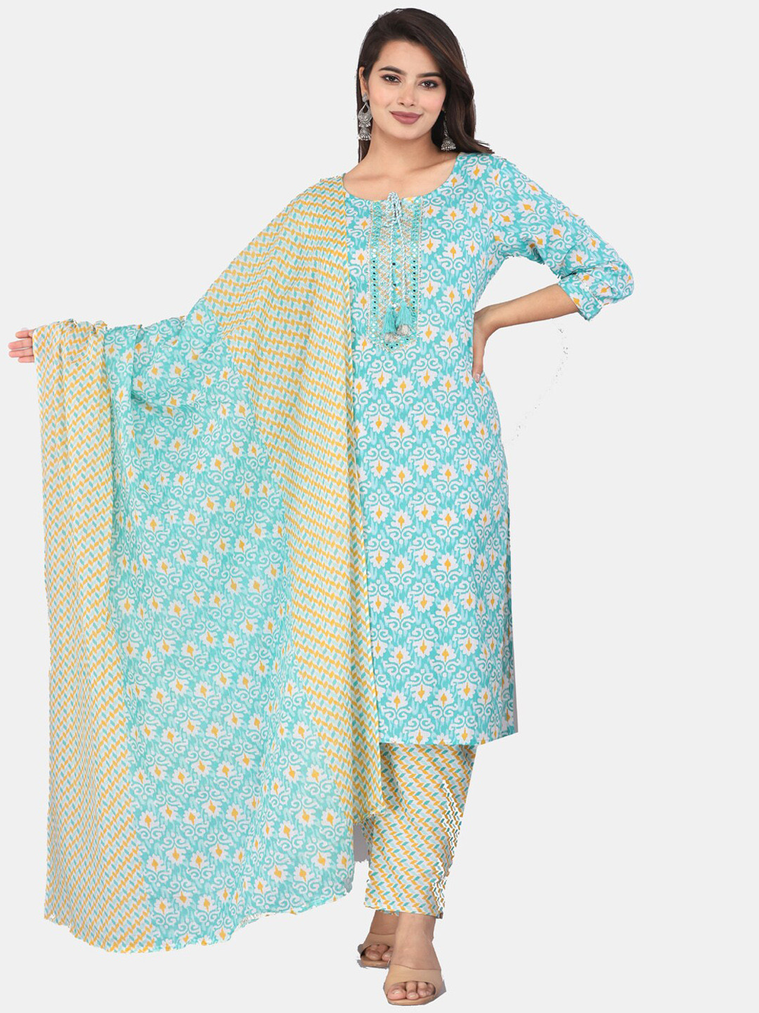 

KALINI Ethnic Motifs Printed Pure Cotton Straight Kurta & Trousers With Dupatta, Blue