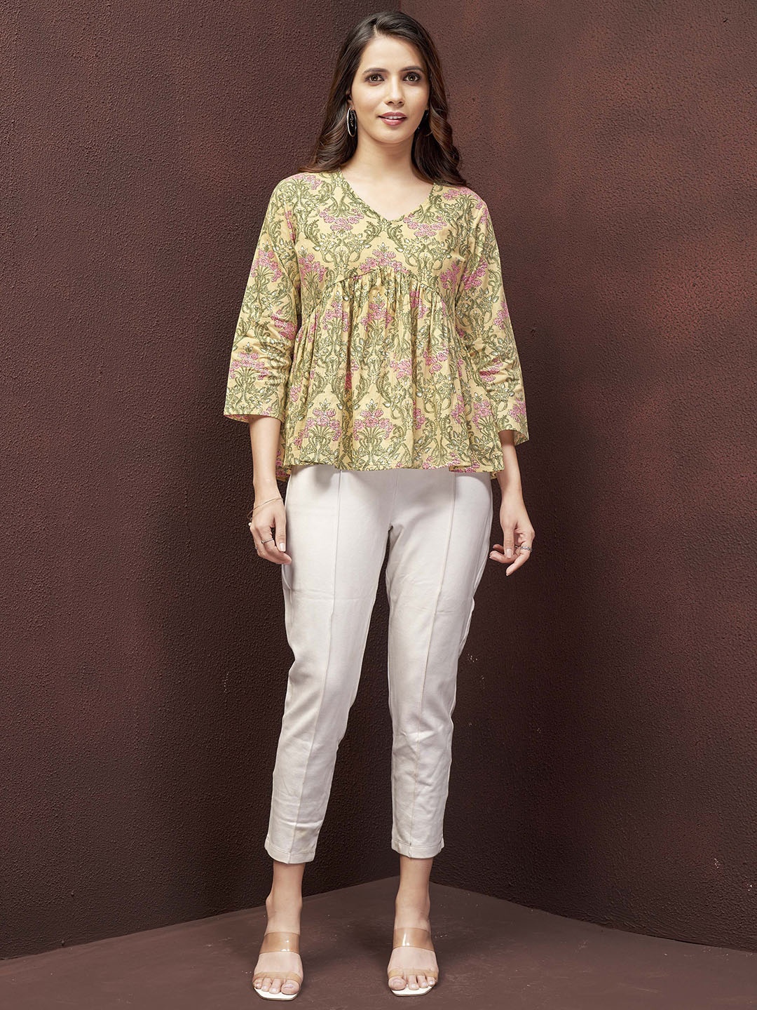 

DRESOUL Floral Print Flared Sleeve Cotton Empire Top, Yellow