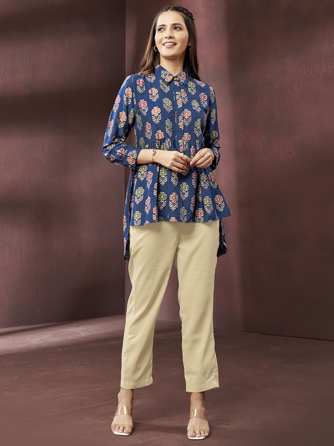 

DRESOUL Floral Print Cotton Shirt Style Top, Blue