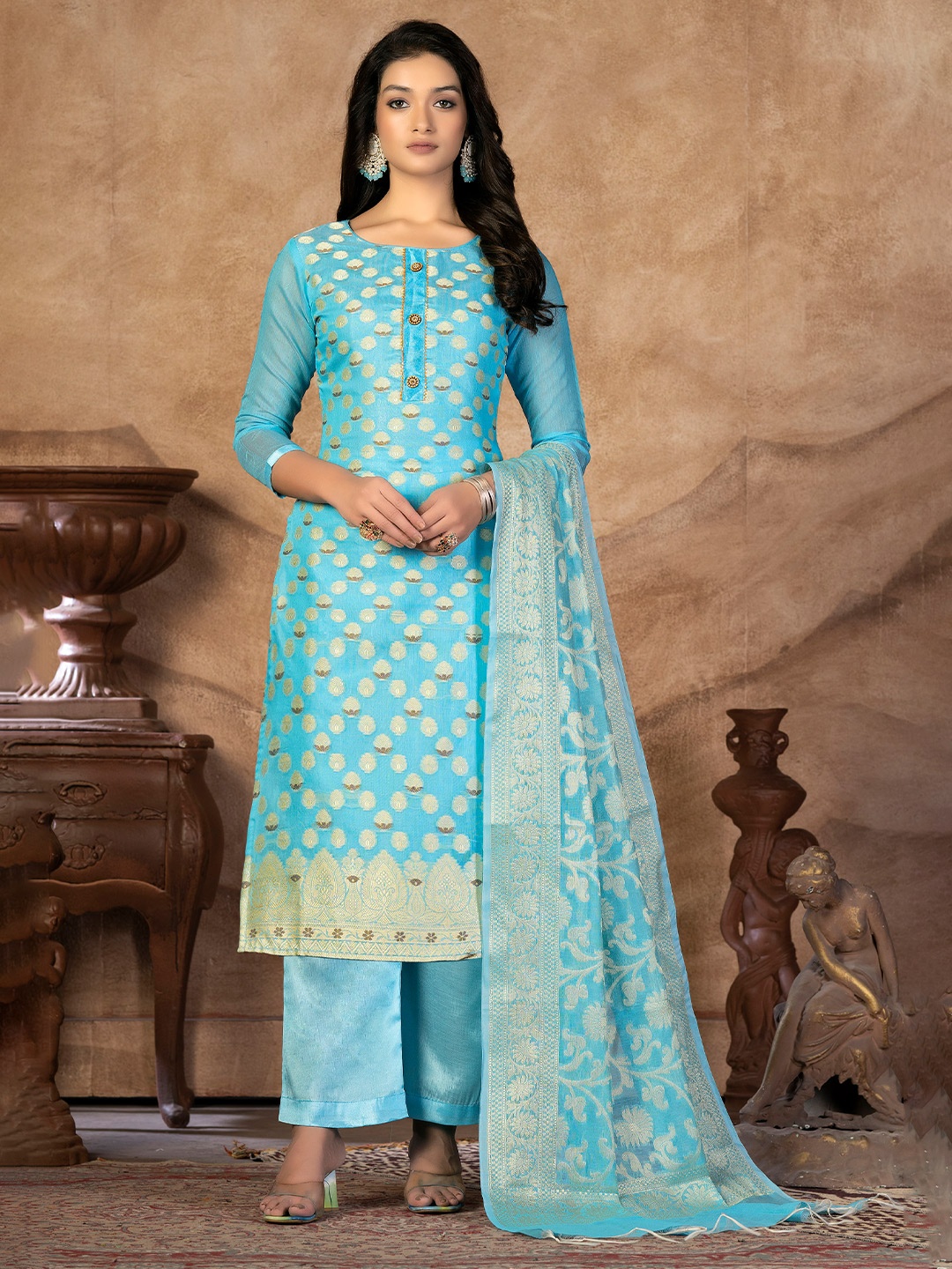 

KALINI Ethnic Motifs Woven Design Unstitched Dress Material, Blue