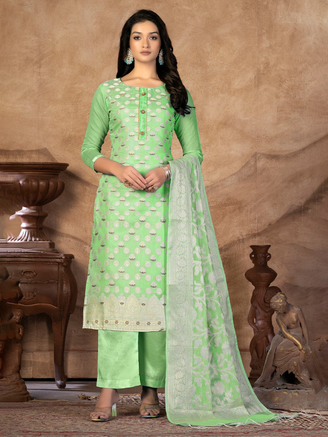 

KALINI Ethnic Motifs Woven Design Unstitched Dress Material, Sea green