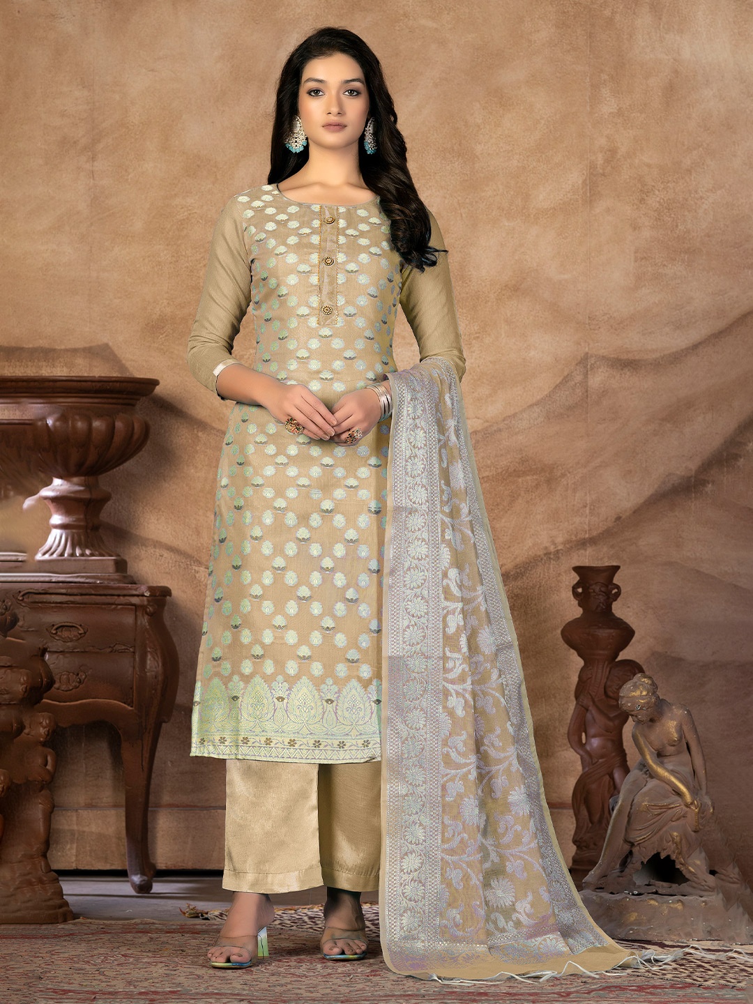 

KALINI Ethnic Motifs Woven Design Unstitched Dress Material, Beige