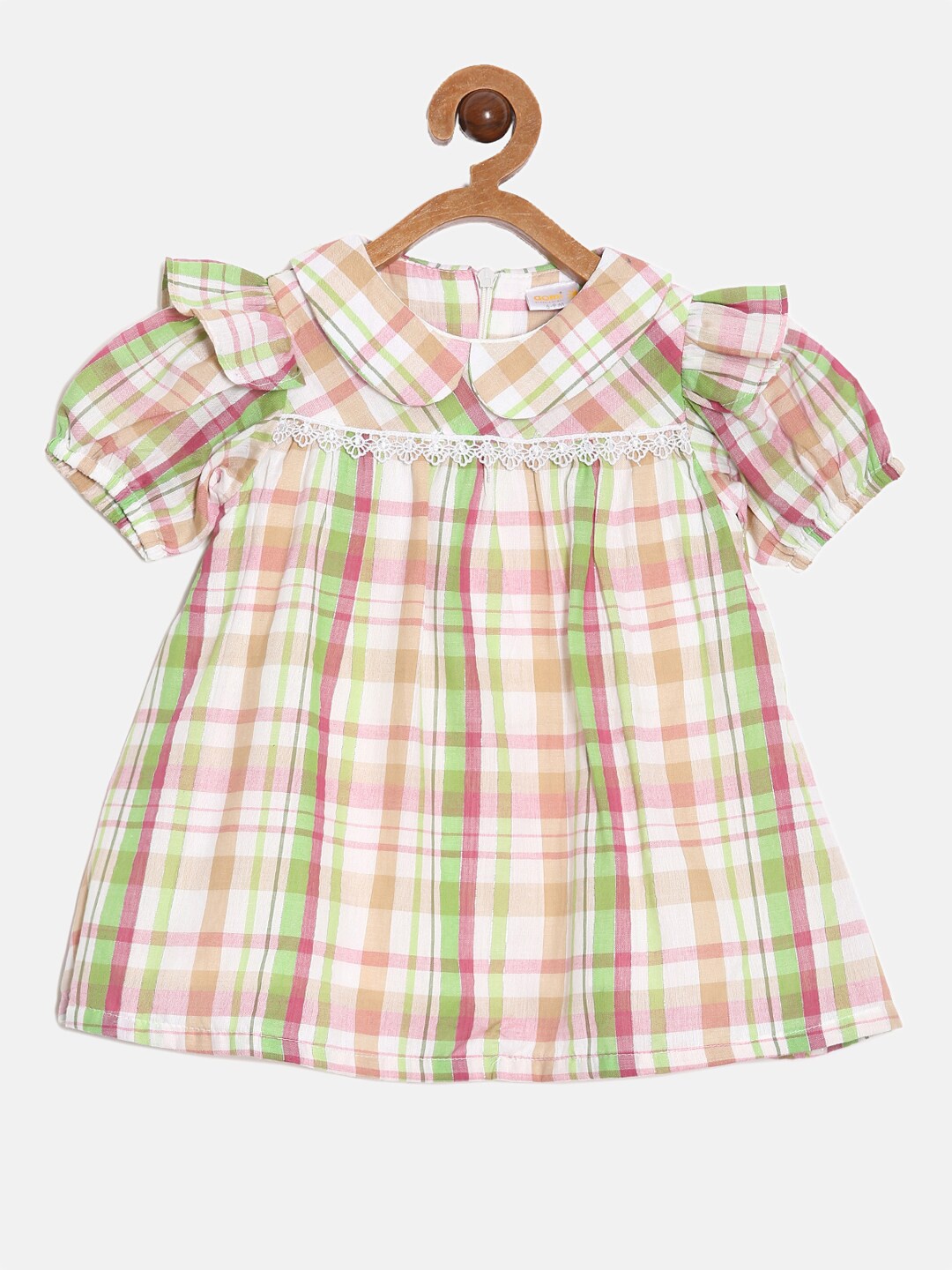 

Aomi Infant Girls Checked Peter Pan Collar Puff Sleeves Cotton A-Line Dress, Green