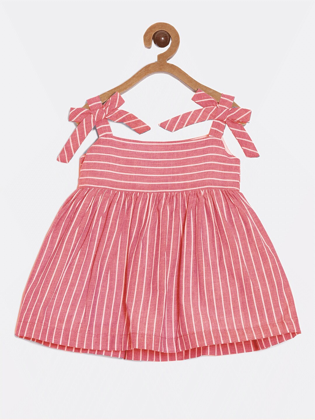 

Aomi Girls Striped Shoulder Straps Gathered Pure Cotton Fit & Flare Dress, Rust