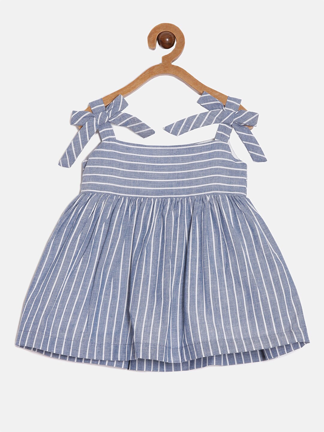

Aomi Girls Striped Shoulder Straps Gathered Pure Cotton Fit & Flare Dress, Grey
