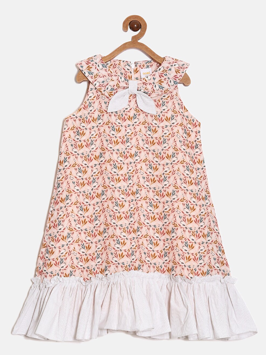 

Aomi Girls Floral Printed Round Neck Bow Pure Cotton A-Line Dress, Brown