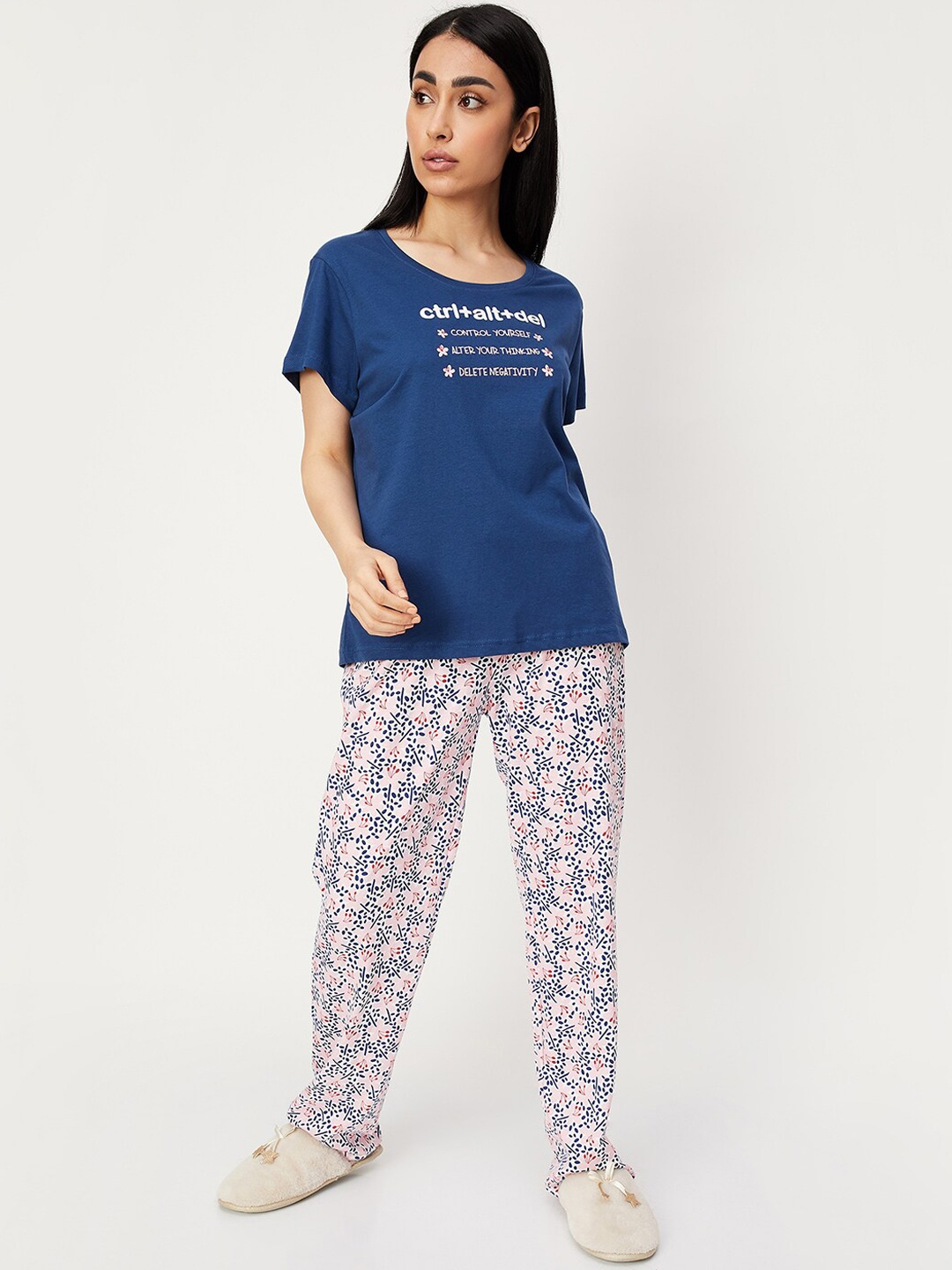 

max Floral Printed Pure Cotton Night suit, Blue