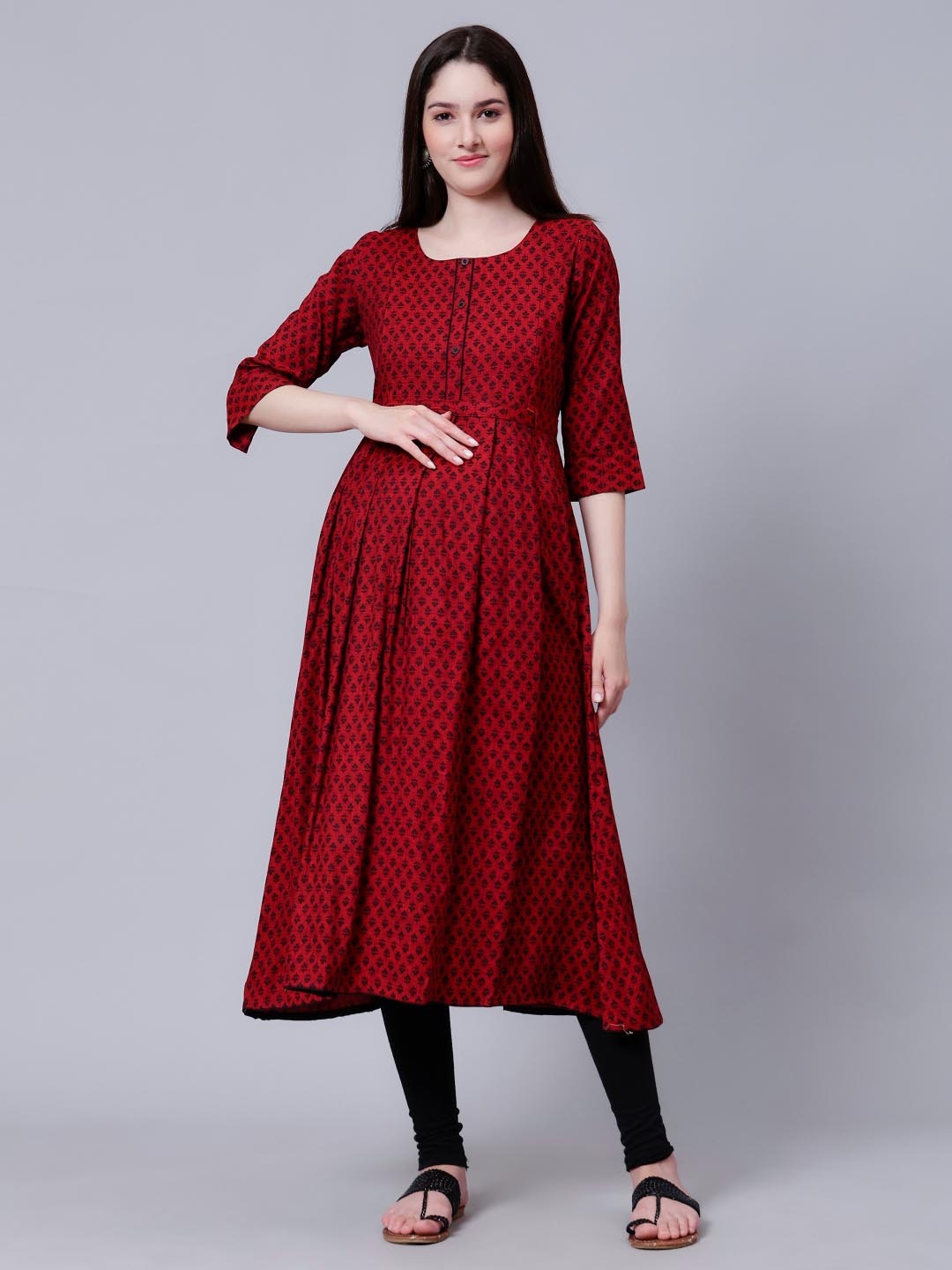 CEE-18 Ethnic Motifs Printed Cotton Maternity Feeding A-Line Ethnic Dress, Red