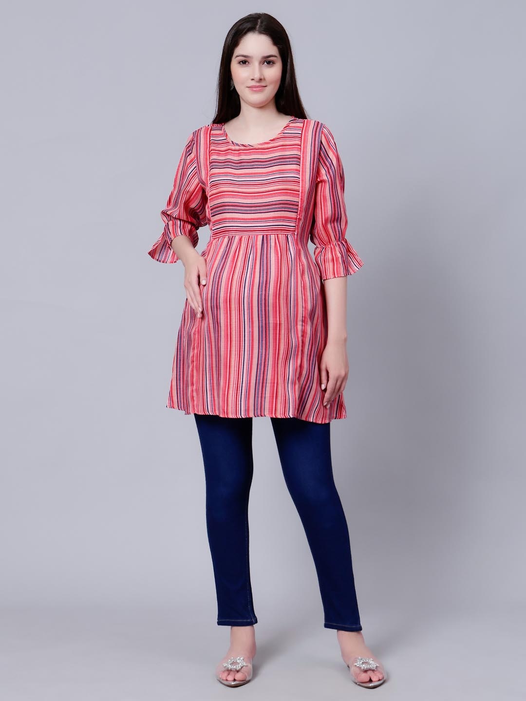 

CEE-18 Striped A-Line Maternity & Feeding Cotton Kurti, Pink