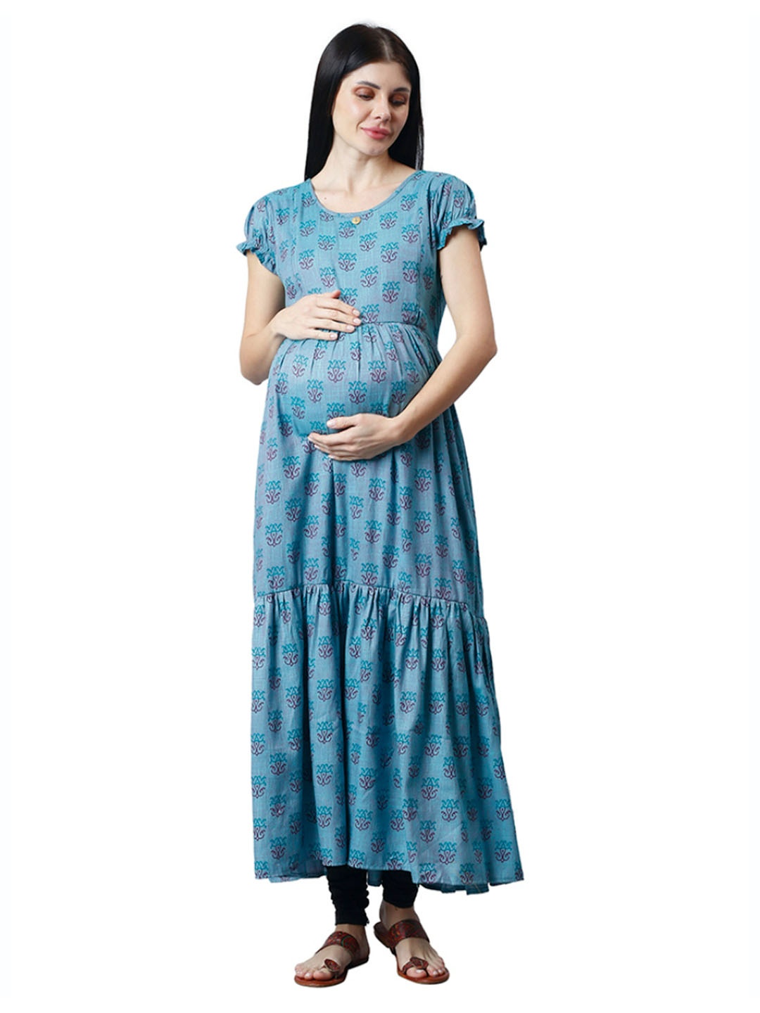 

CEE-18 Ethnic Motifs Printed Cotton Maternity Feeding A-Line Ethnic Dress, Blue